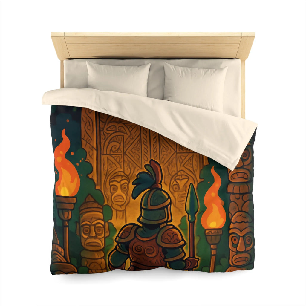 Housse de couette guerrier devant porte mystique avec torches et statues anciennes