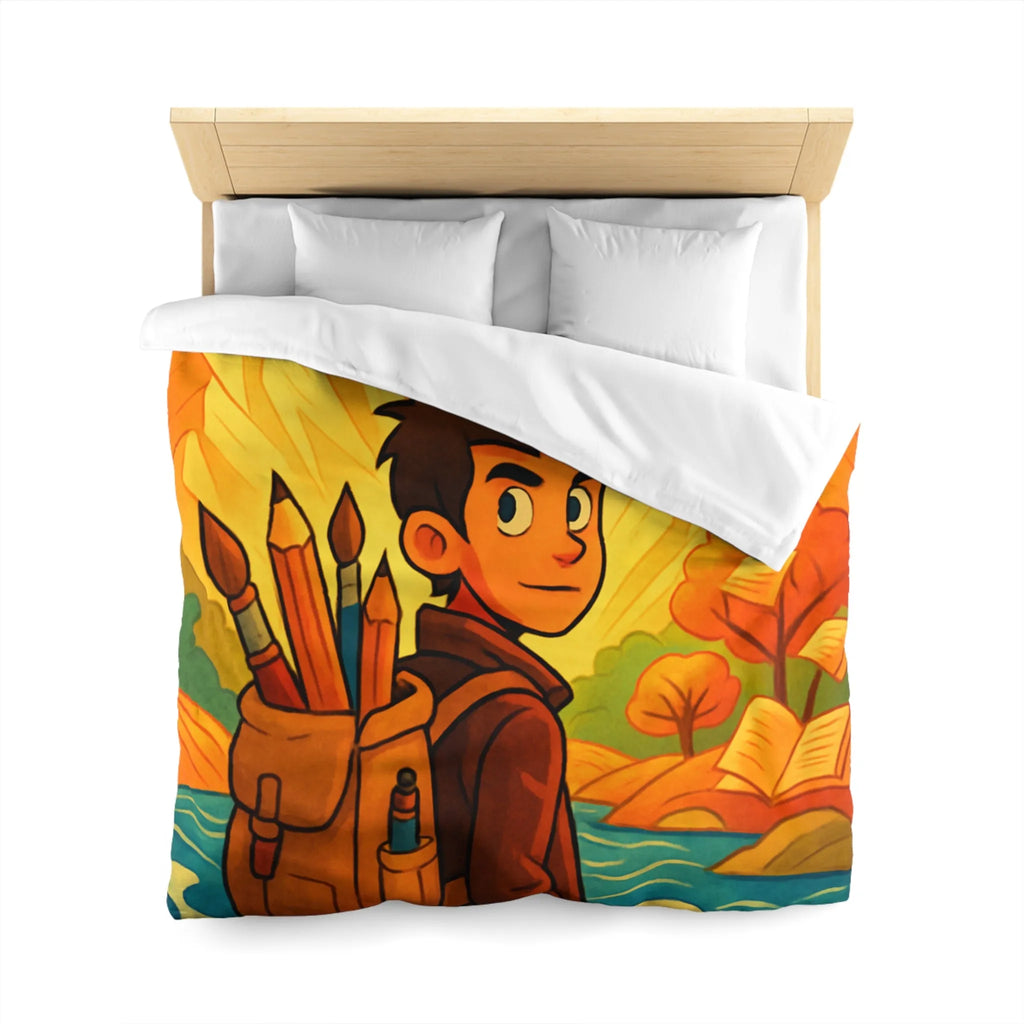 Housse de couette artistique colorée avec paysage lumineux et personnage aventureux dessiné