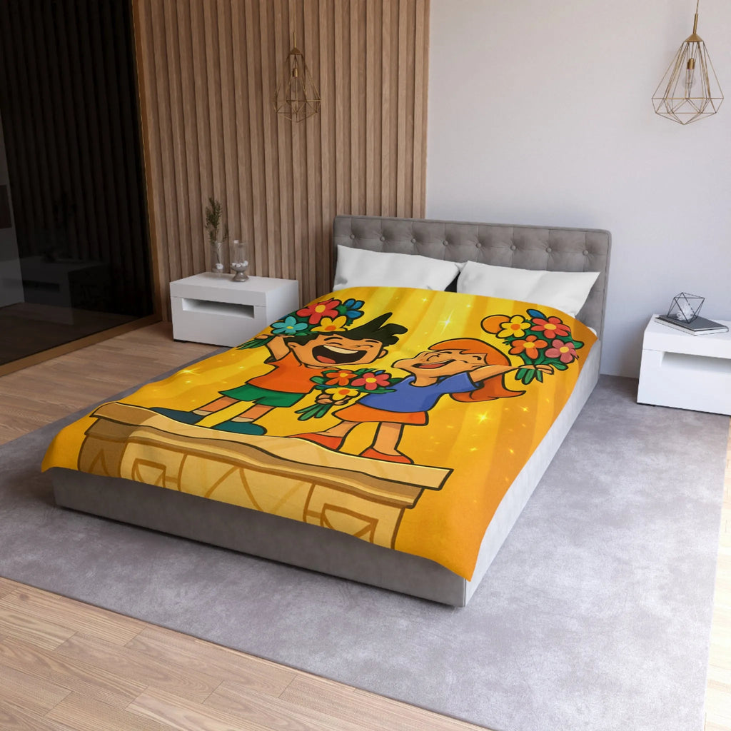 Dessin mignon d'enfants célébrant avec des bouquets de fleurs illuminés de rayons dorés