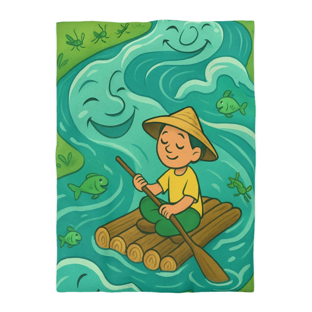 Housse de Couette Enfant avec Illustration Rêveuse de Rivière et Pêcheur Heureux