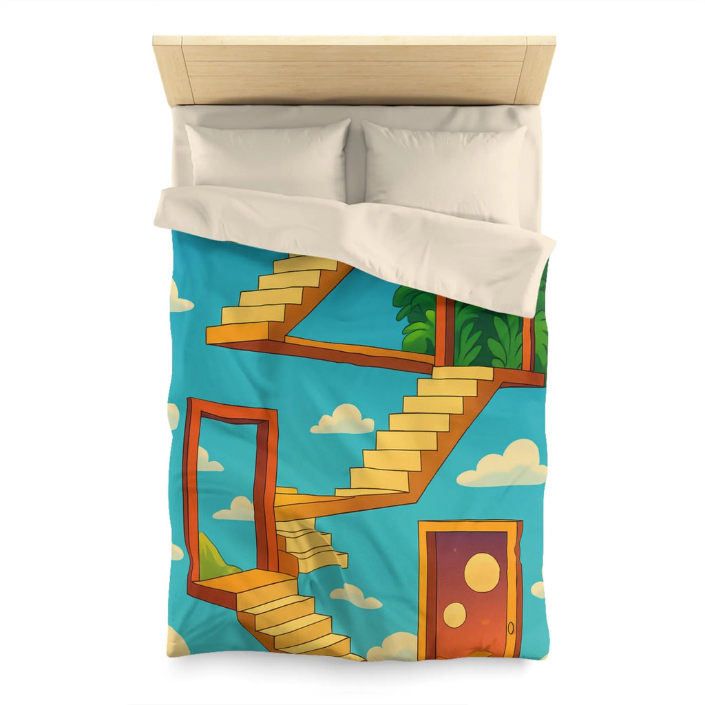 Housse de couette avec escaliers infinis et paysage surréaliste, ciel étoilé