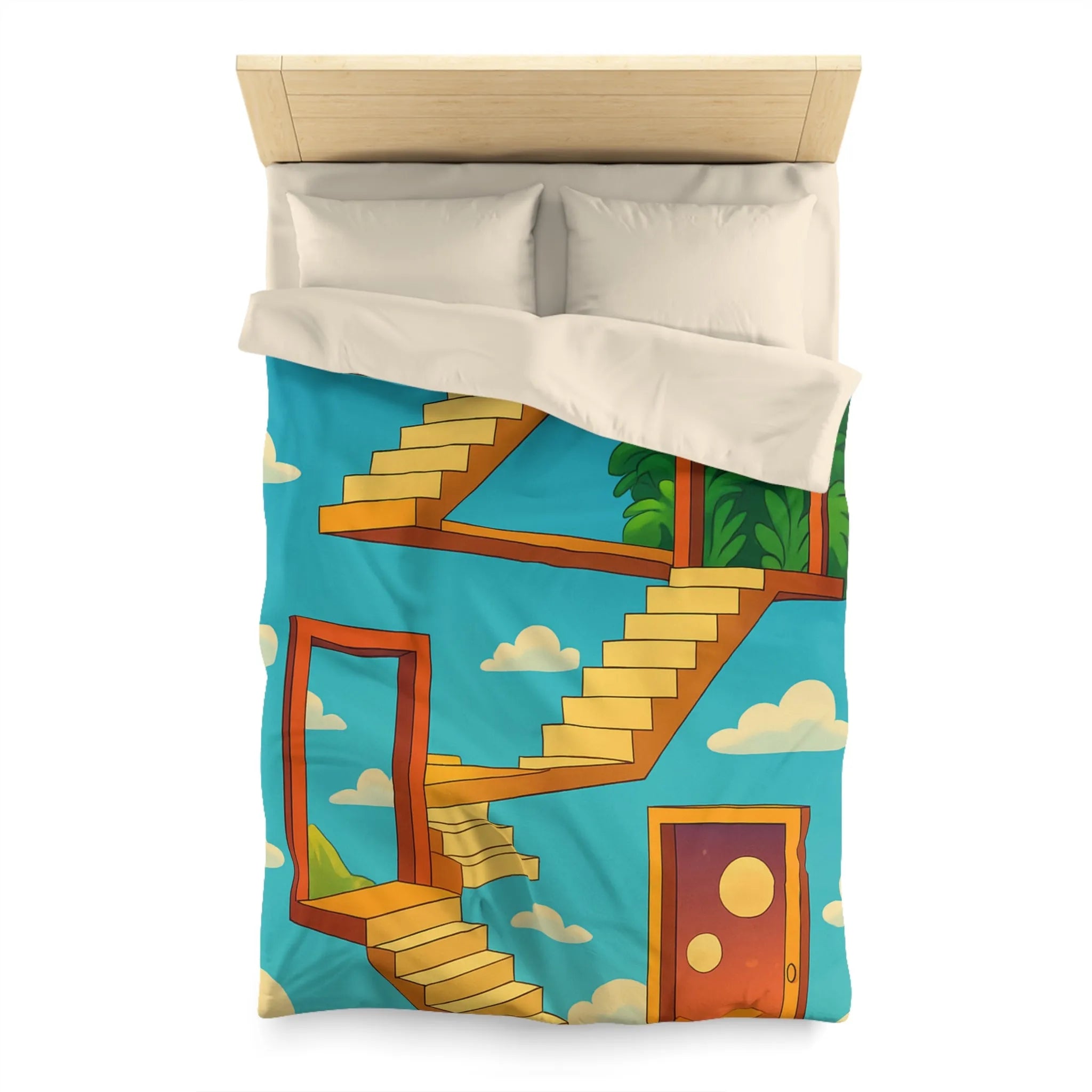 Housse de couette avec escaliers infinis et paysage surréaliste, ciel étoilé