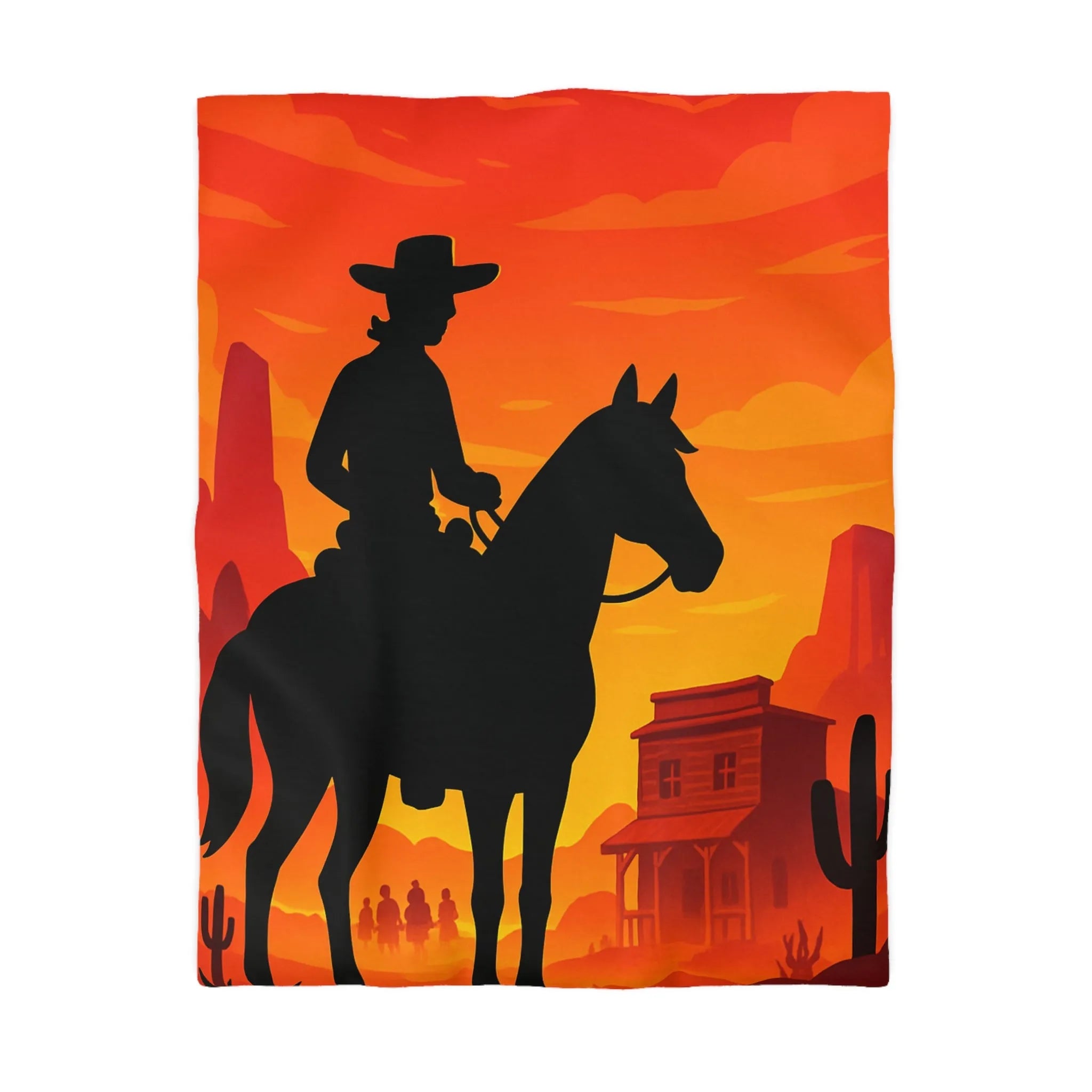 Housse de couette Far West cavalier cheval silhouette coucher de soleil scène désertique