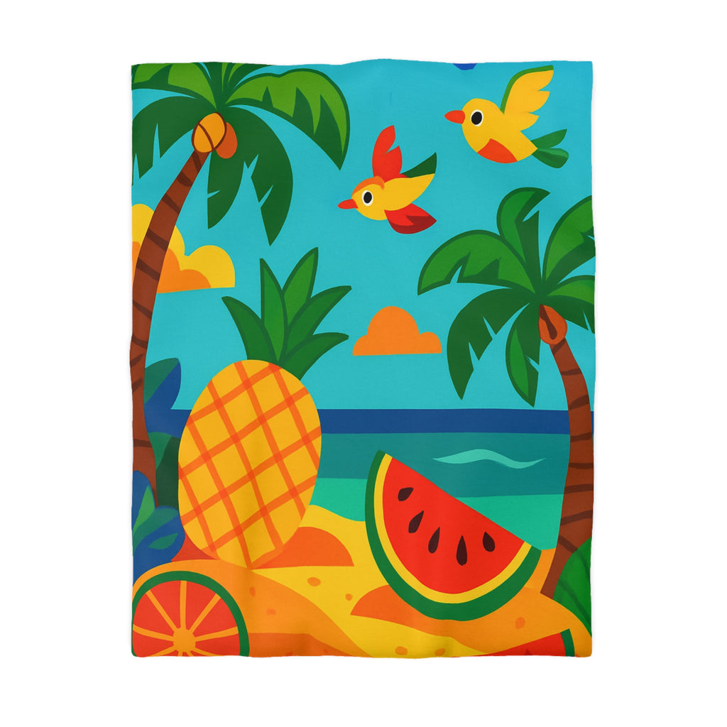 Housse de couette tropicale colorée avec fruits exotiques et oiseaux vibrants sur la plage