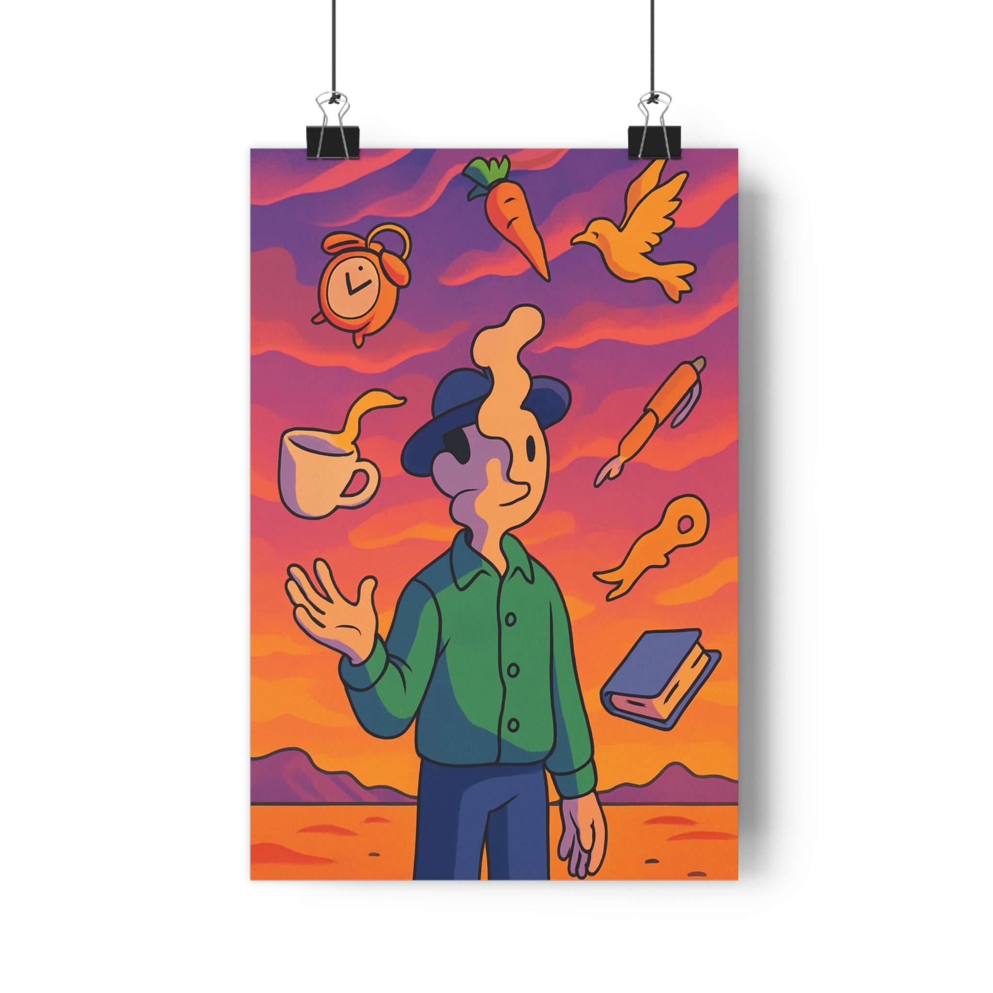 Poster décoratif onirique violet orange jaune cartoon mystique chambre salon fantaisie créatif personnage objets