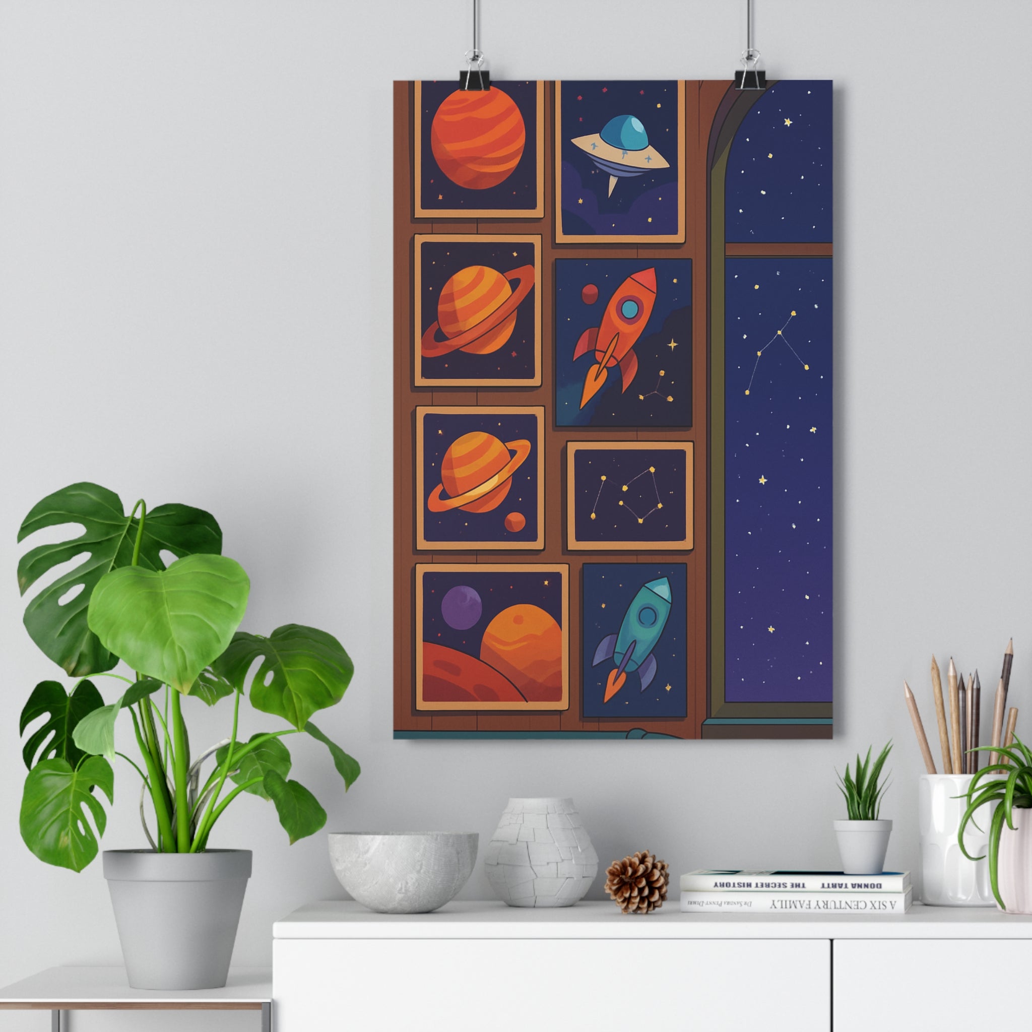 Poster décoratif animé espace bleu orange futuriste aventure enfant chambre art mural cosmique qualité