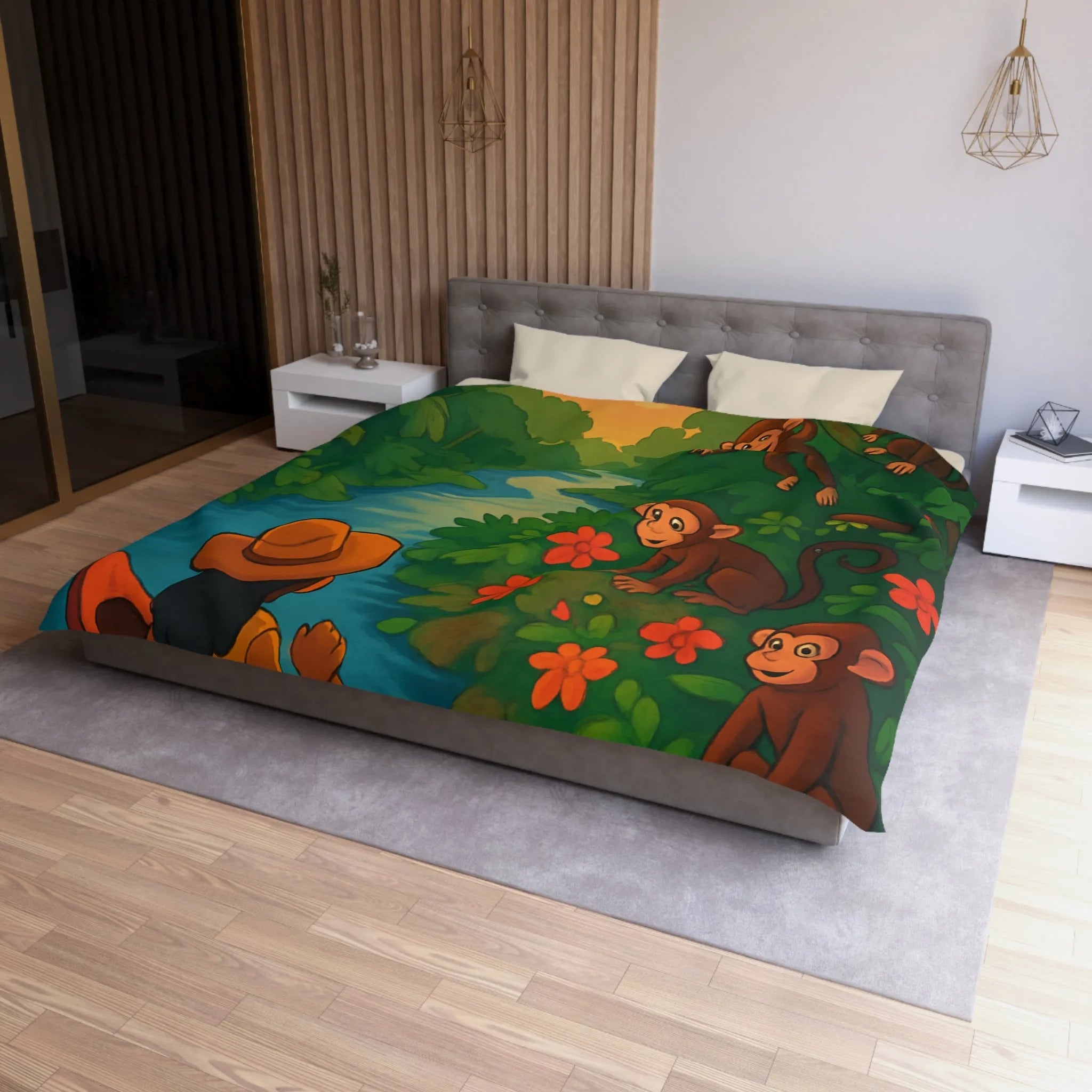 Housse de Couette Jungle avec Singes et Femme en Canot sur Rivière Tropicale