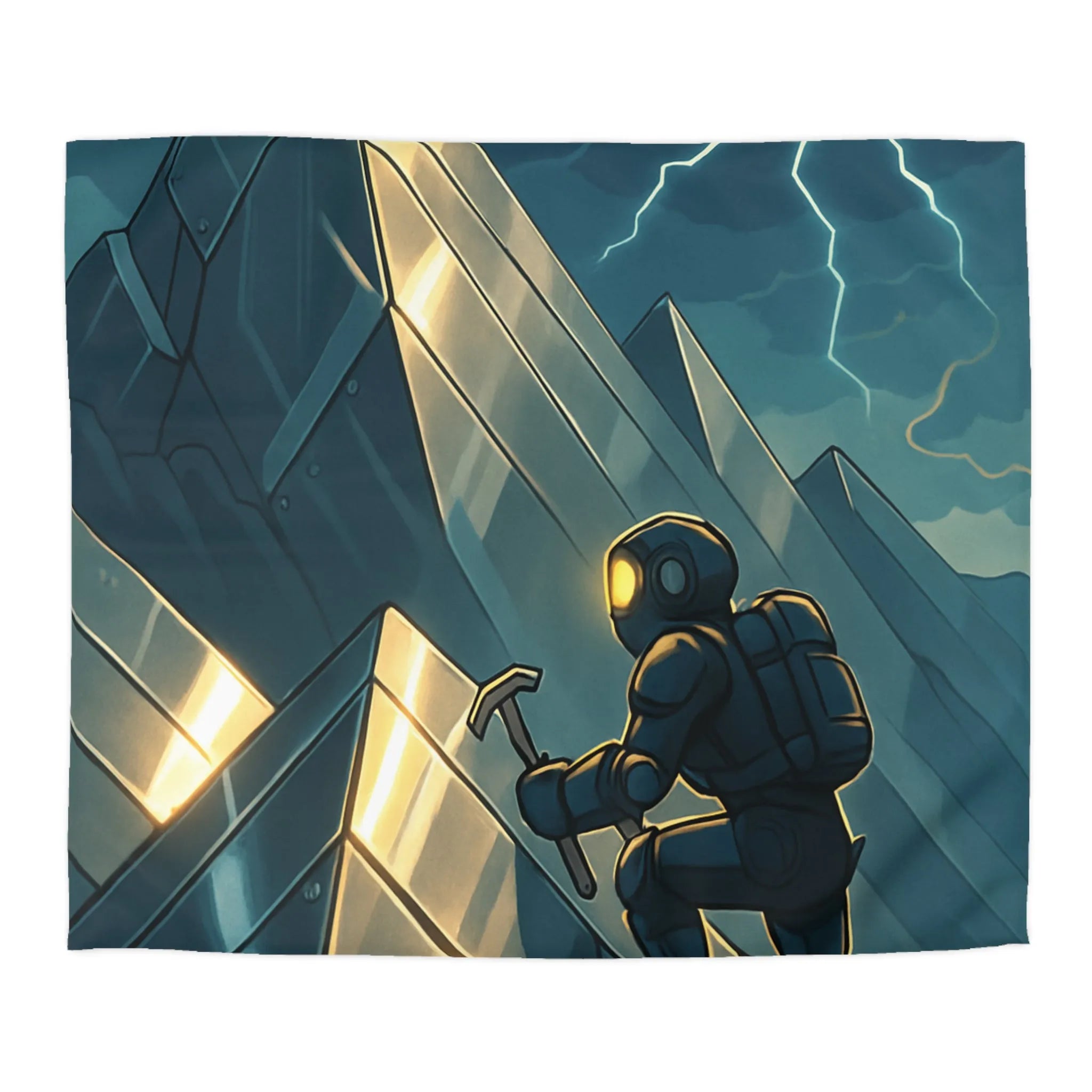 Housse de couette futuriste avec alpiniste et montagnes sous orage électrique