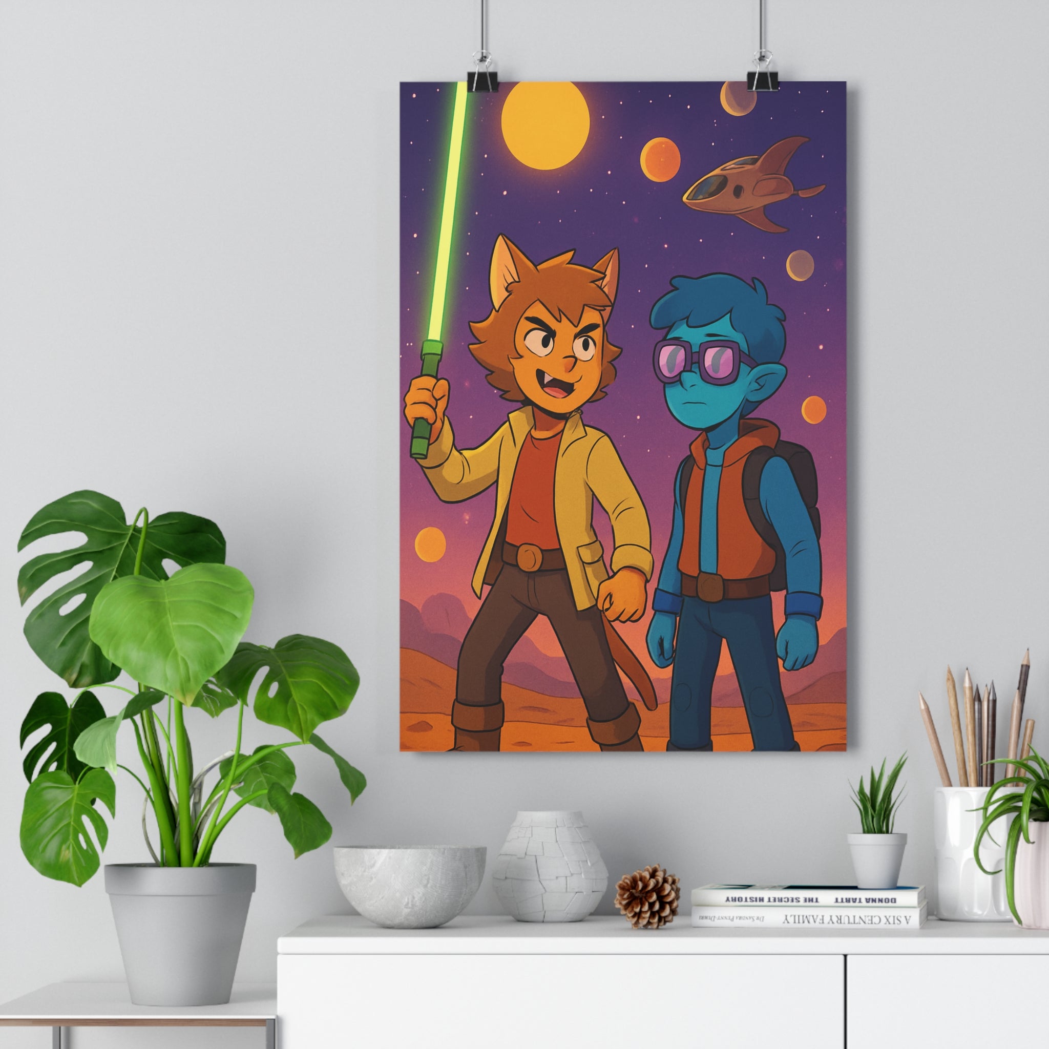 Poster décoratif futuriste couleurs vives sabre vert étoiles espace aventure sciencefiction chambre enfant qualité