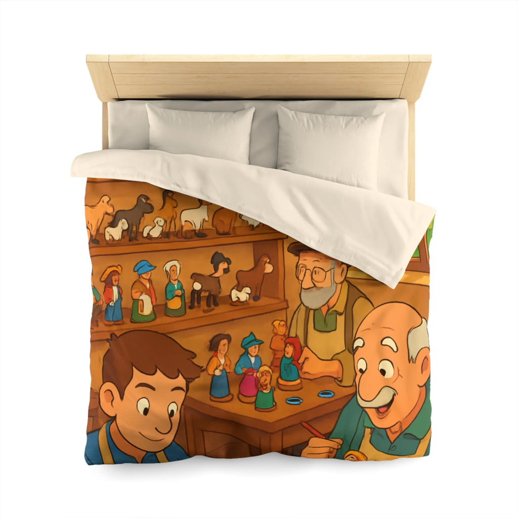 Housse de couette chaleureuse avec scène artisanale, figurines en bois colorées et personnages souriants