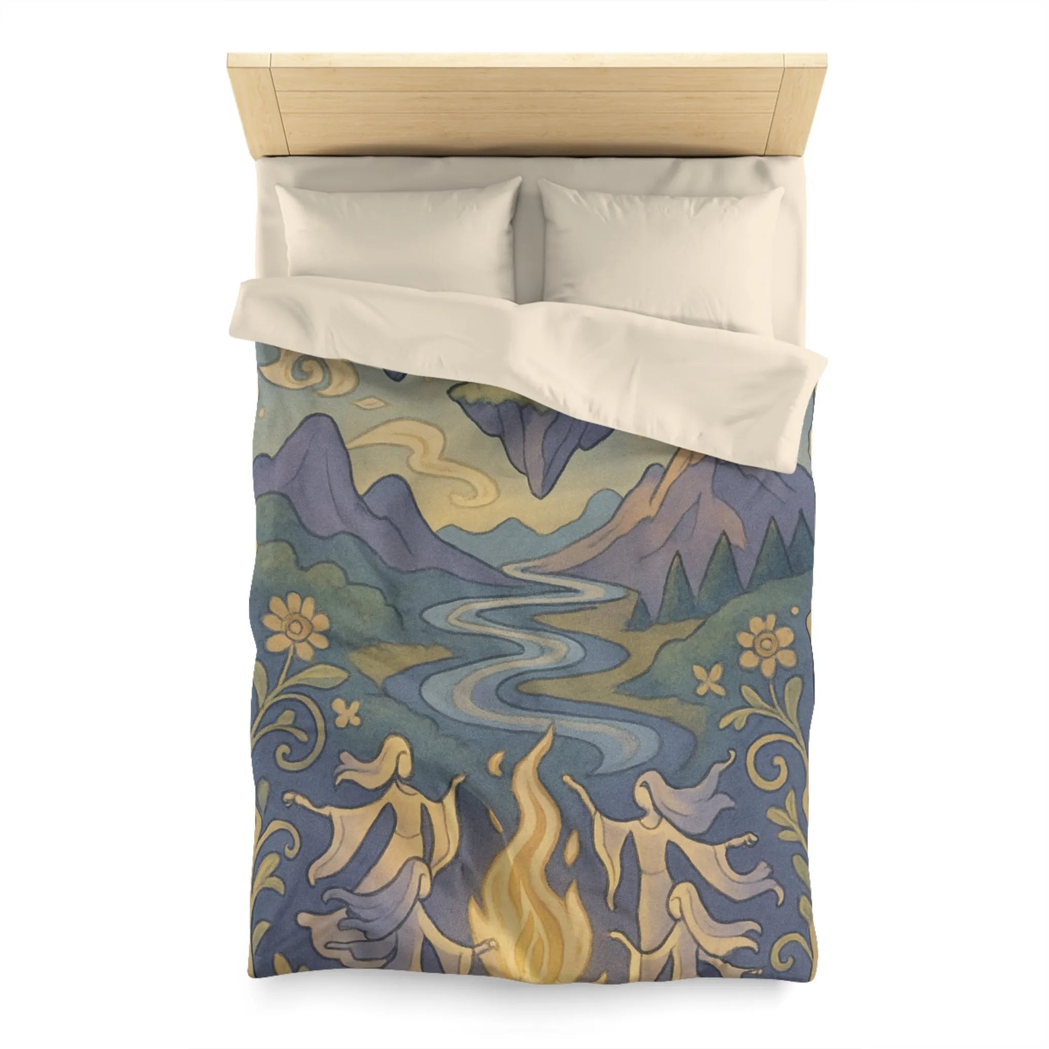 Housse de couette artistique avec montagnes flottantes et paysage féerique sous les étoiles