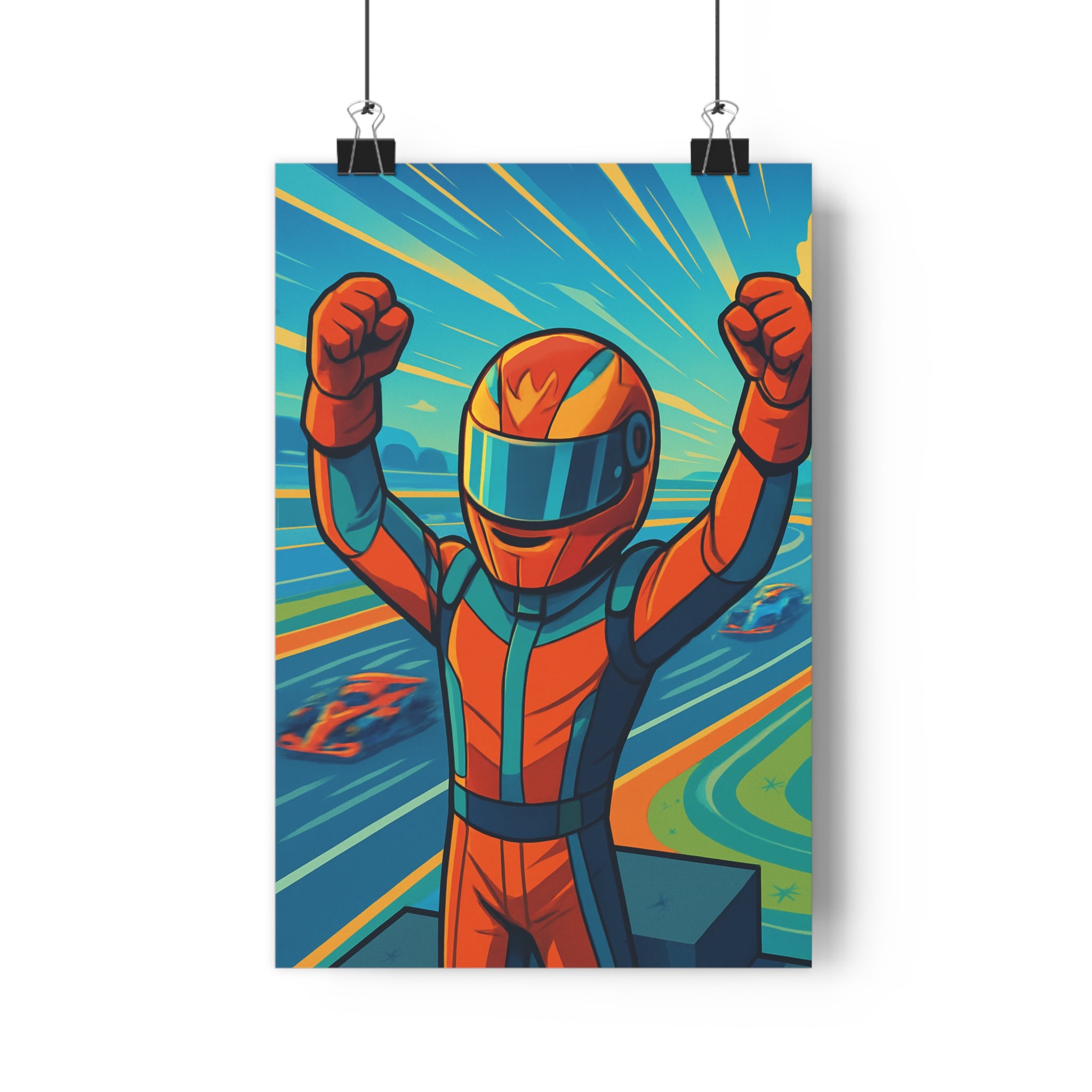 Poster décoratif cartoon bleu orange énergique chambre bureau 30x46 pilote course triomphe dynamique qualité
