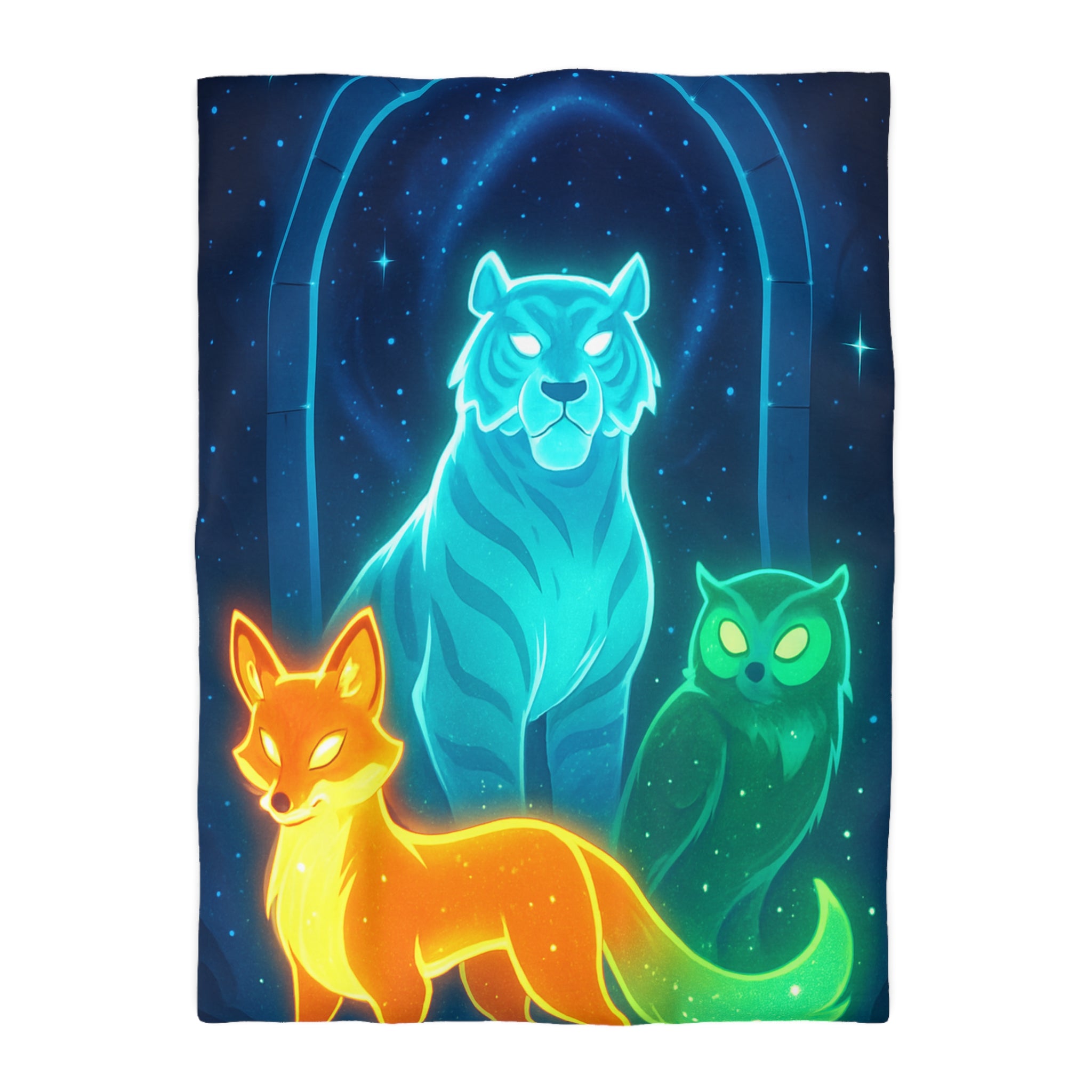 Mystérieuse housse de couette avec renard orange, tigre bleu, et hibou lumineux