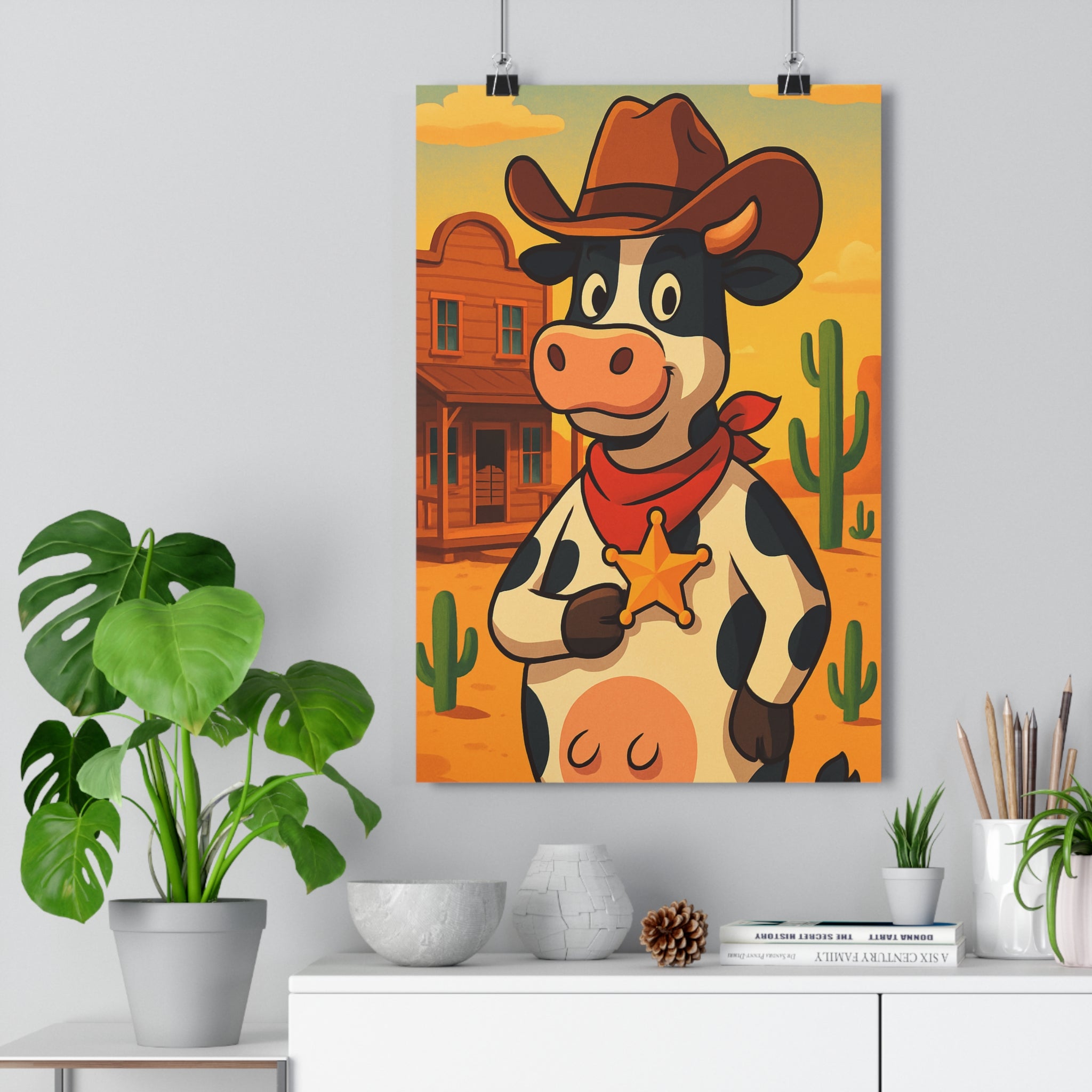 Poster décoratif cartoon vache western jaune orange joyeux chambre enfant cowboy cactus shérif désertique