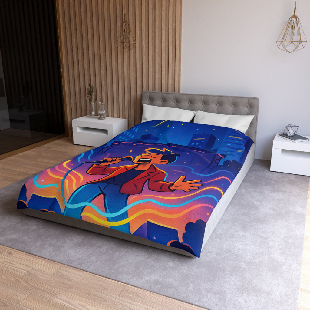 Housse de couette scène vibrante de concert nocturne avec chanteur et couleurs éclatantes