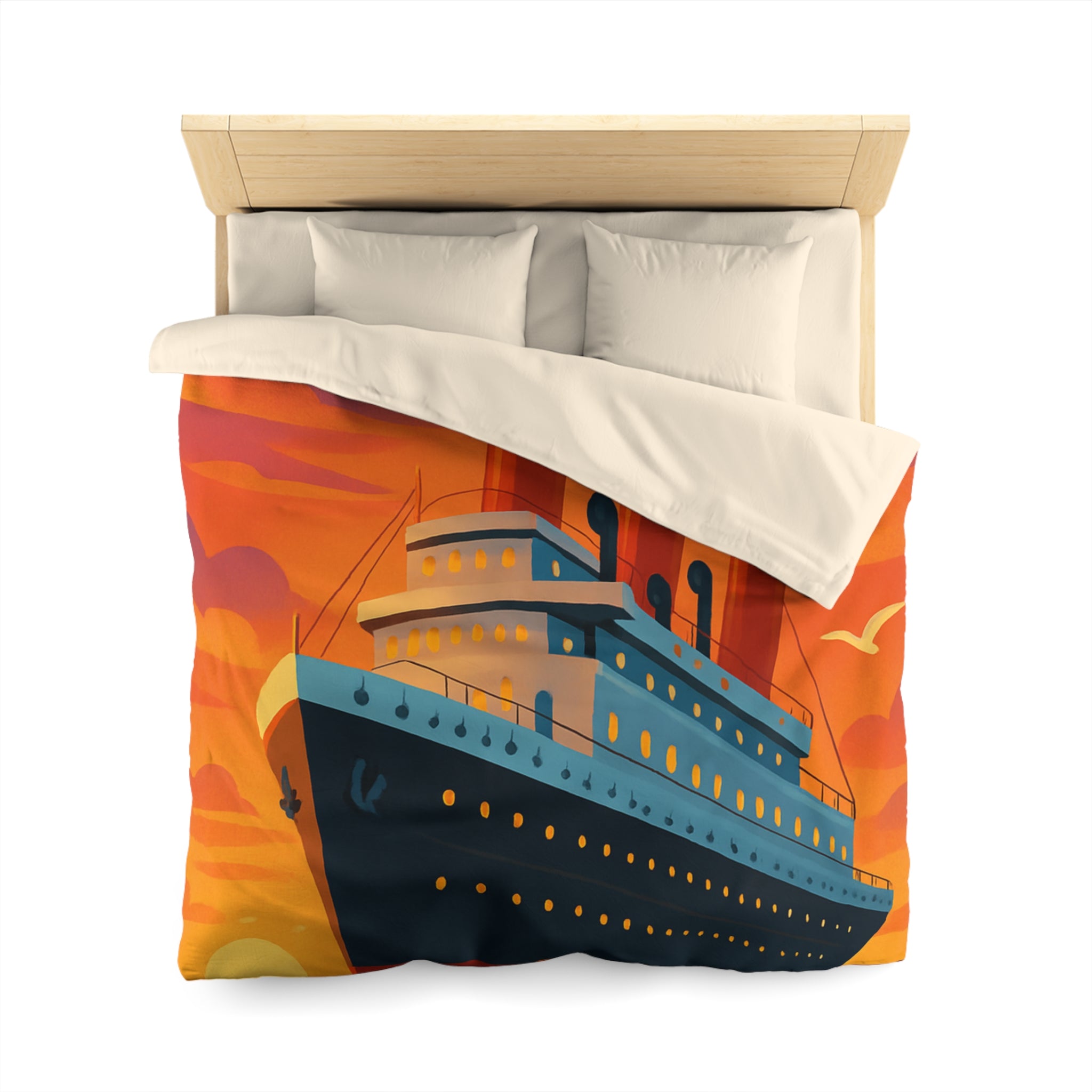 Superbe housse de couette avec paquebot vintage sous un coucher de soleil flamboyant