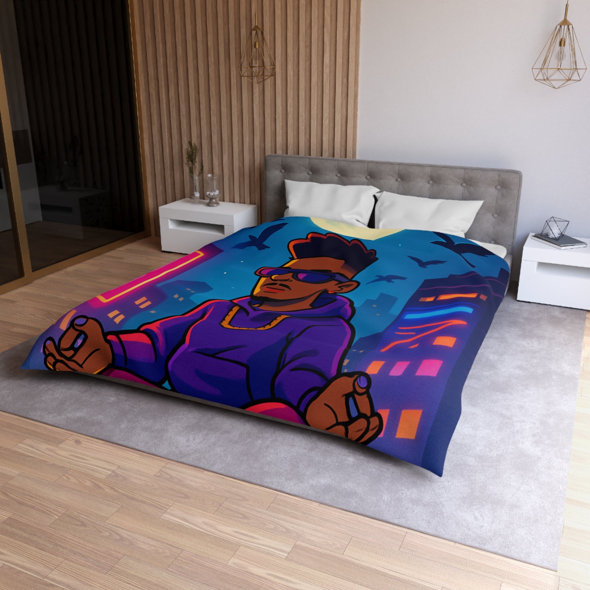 Housse de Couette Représentant Jeune Méditant Sur Toit en Ville, Pleine Lune Derrière