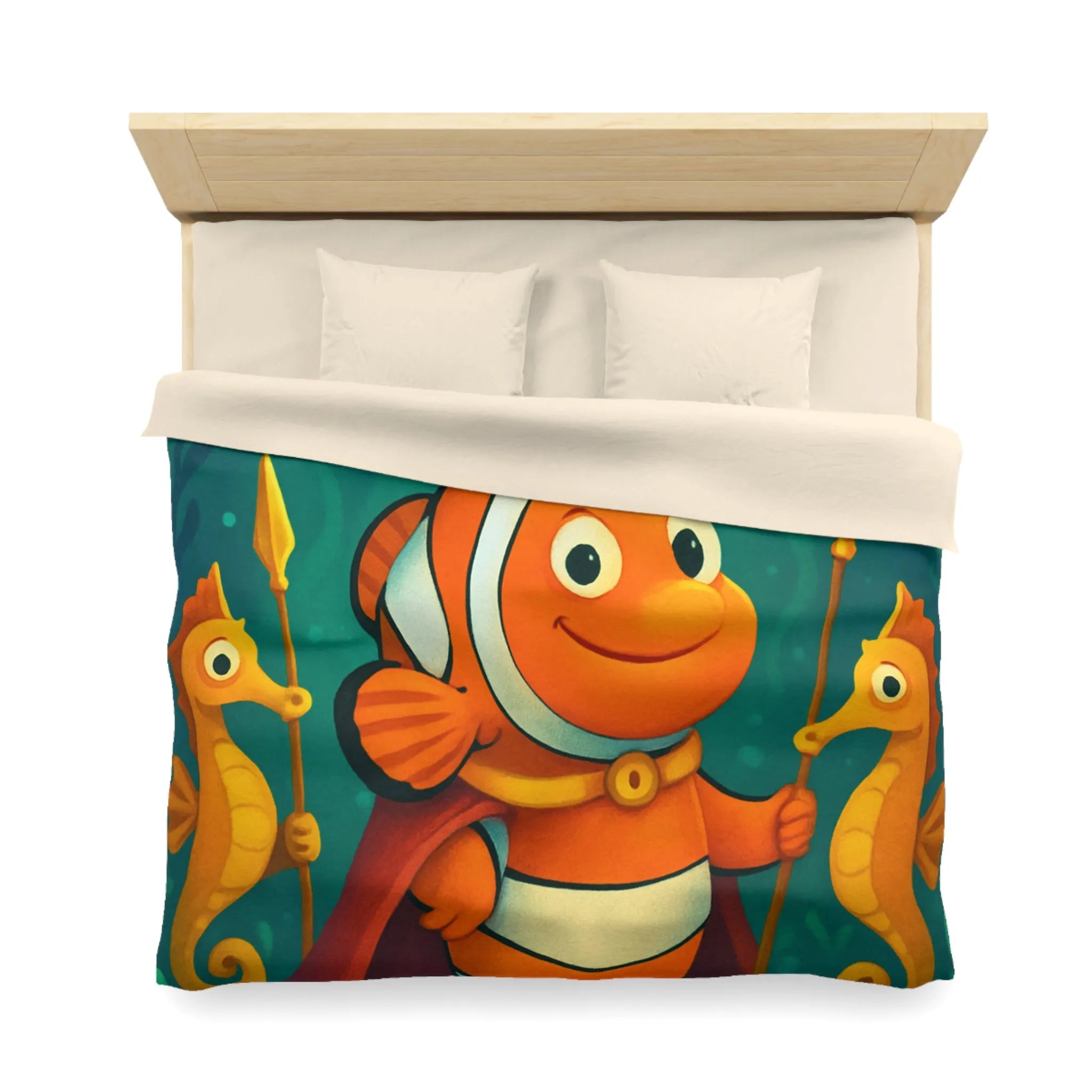 Housse de couette enfant joyeuse poisson clown roi et hippocampes joueurs aquatiques