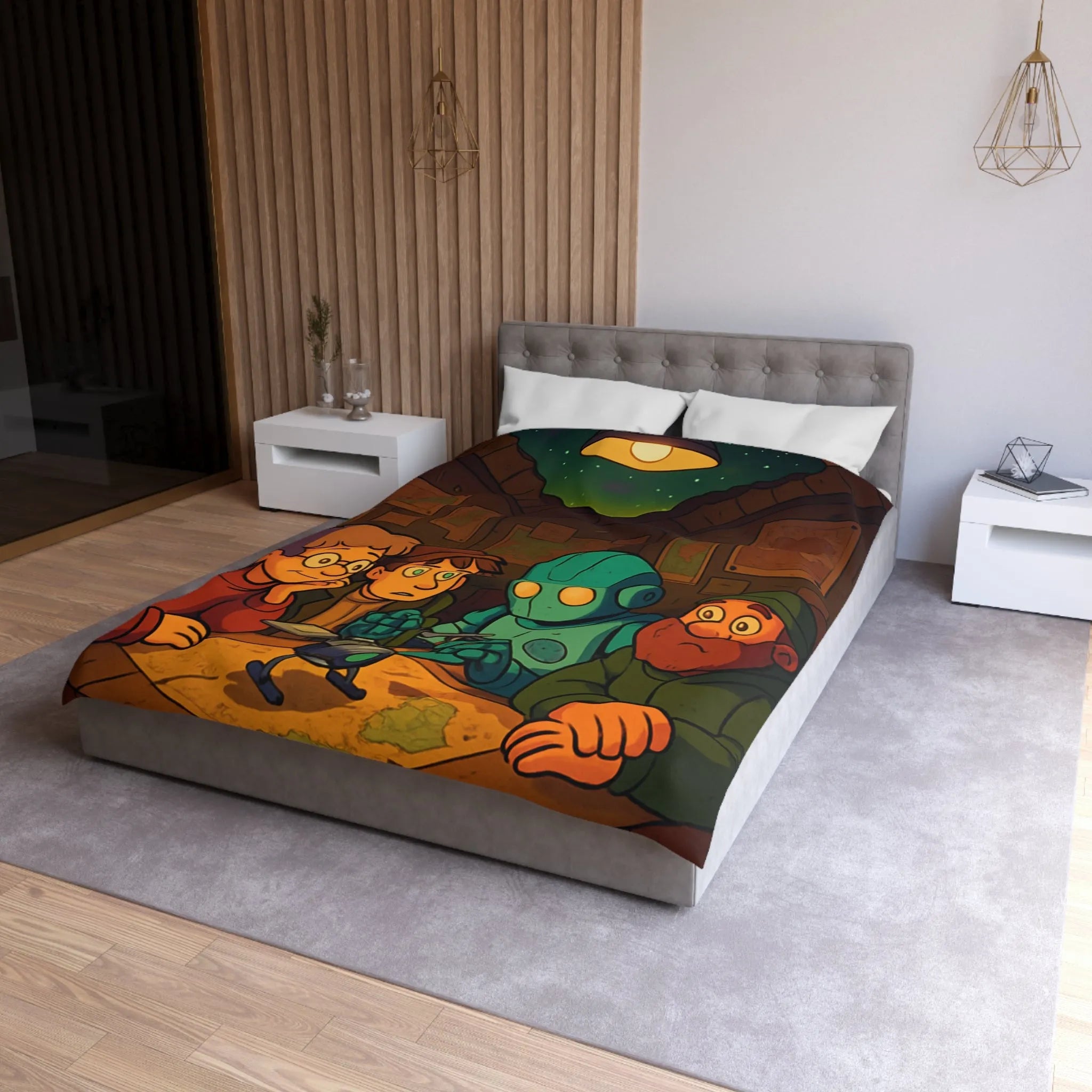 Housse de couette avec scène animée de nuit, stratégie autour de cartes et robot