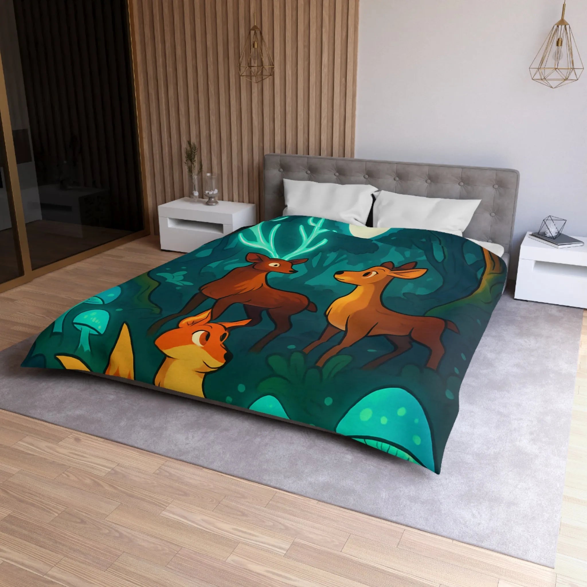 Housse de couette avec animaux de forêt et champignons sous lumière lunaire magique