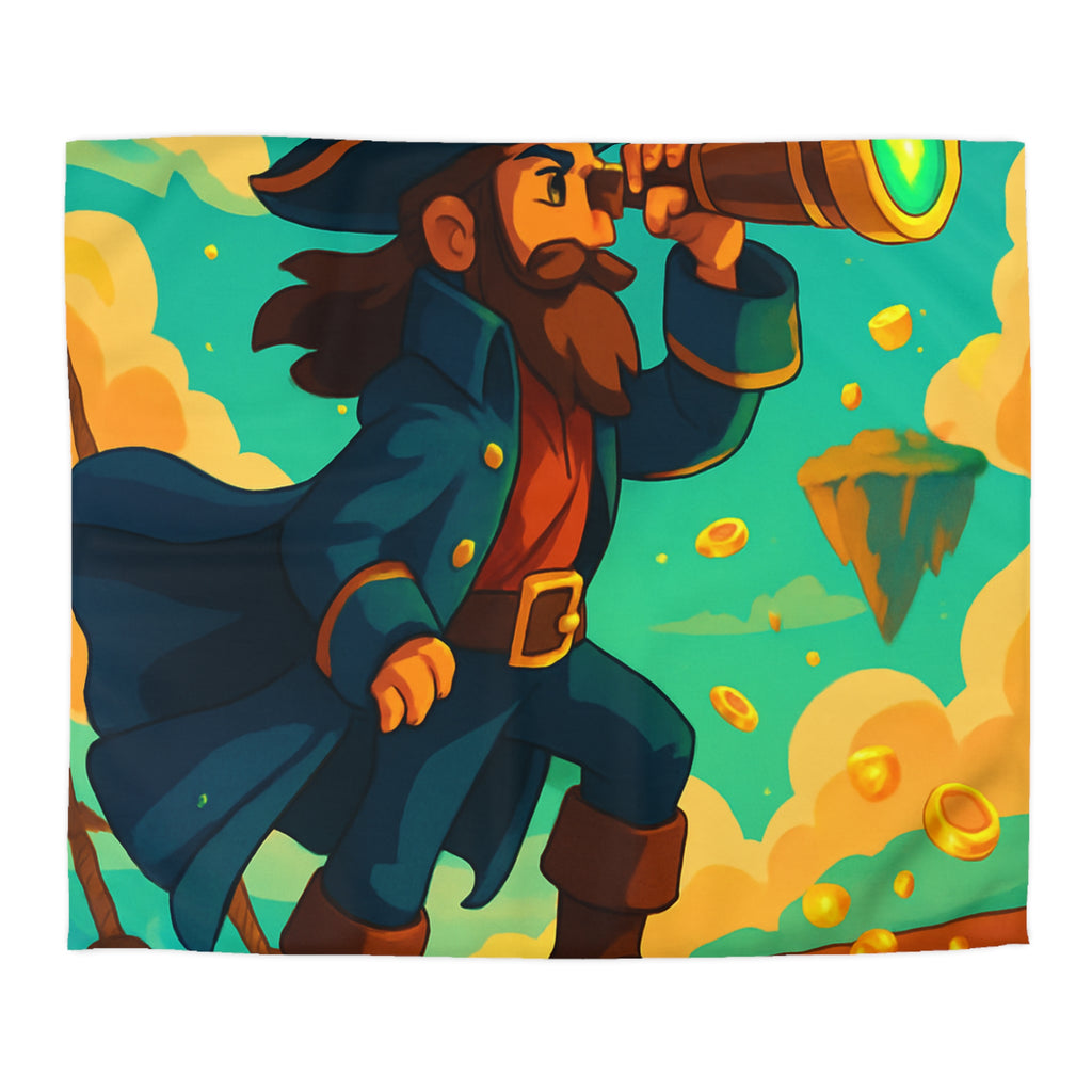 Housse de couette pirate vibrant bleu avec trésor doré et nuages flottants