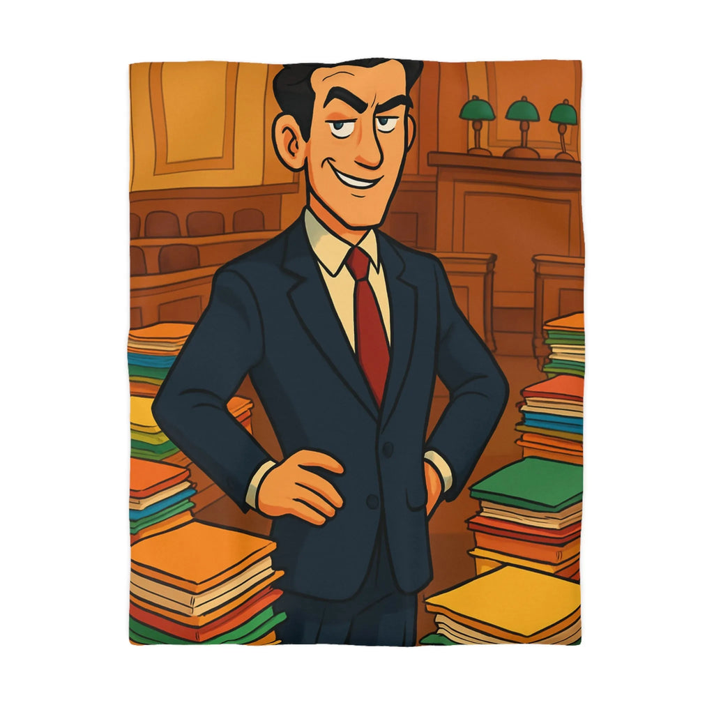 Élégante housse de couette rétro, piles de dossiers colorés, personnage confiant et distingué