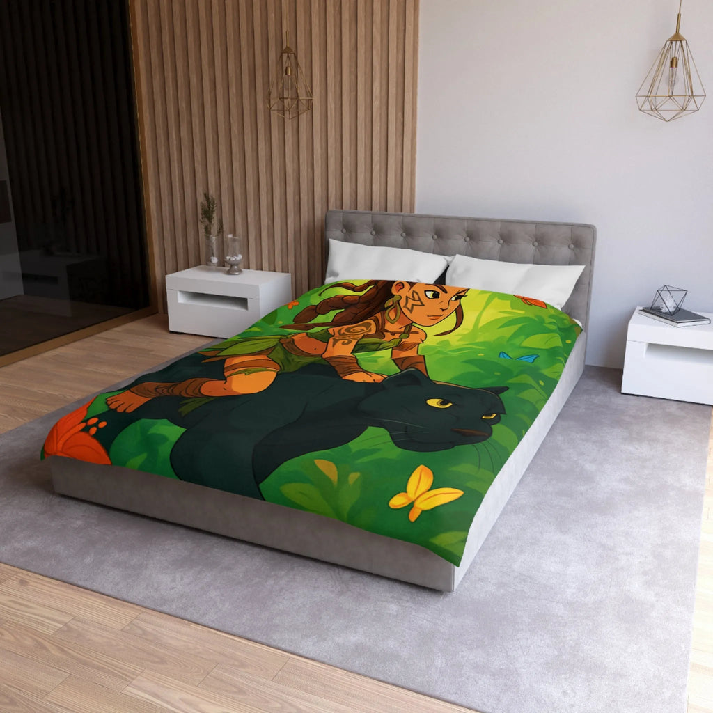 Housse de couette jungle avec fille guerrière et panthère noire pour chambre colorée