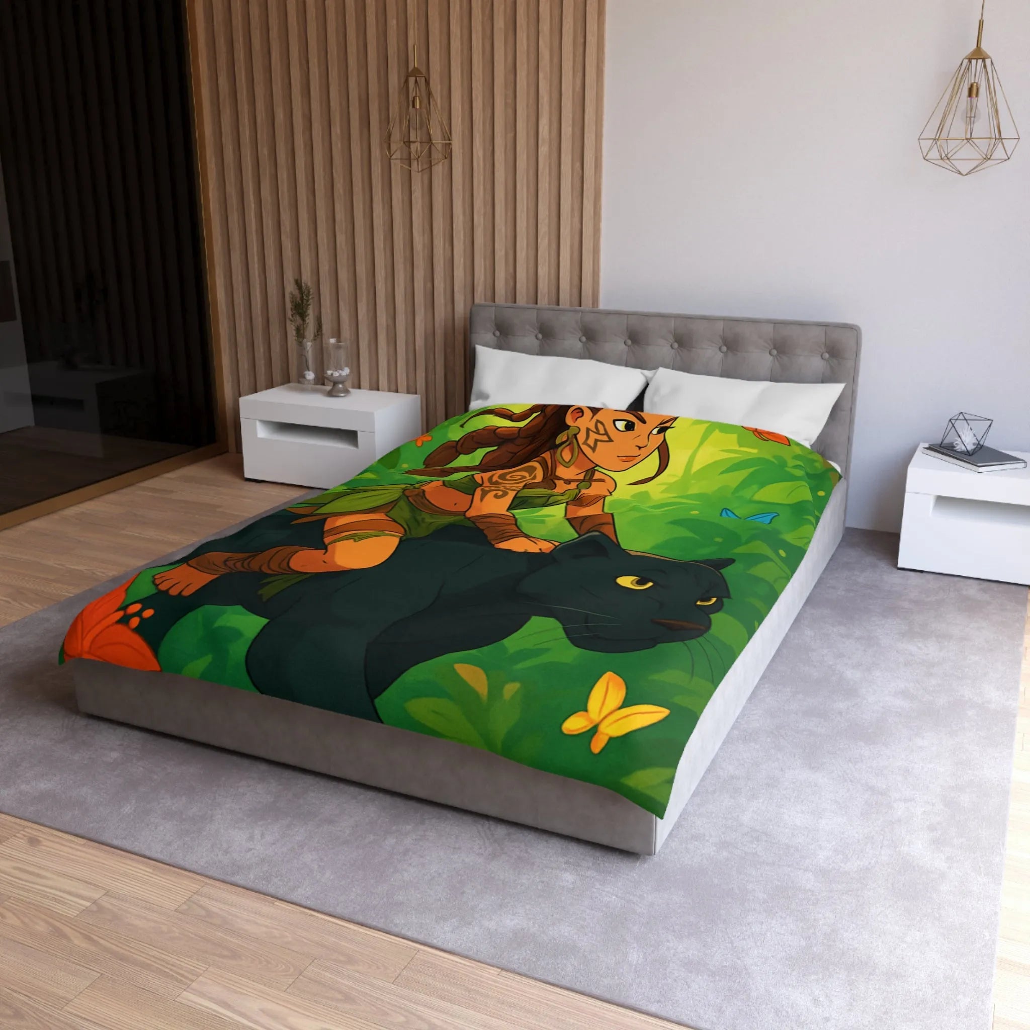 Housse de couette jungle avec fille guerrière et panthère noire pour chambre colorée