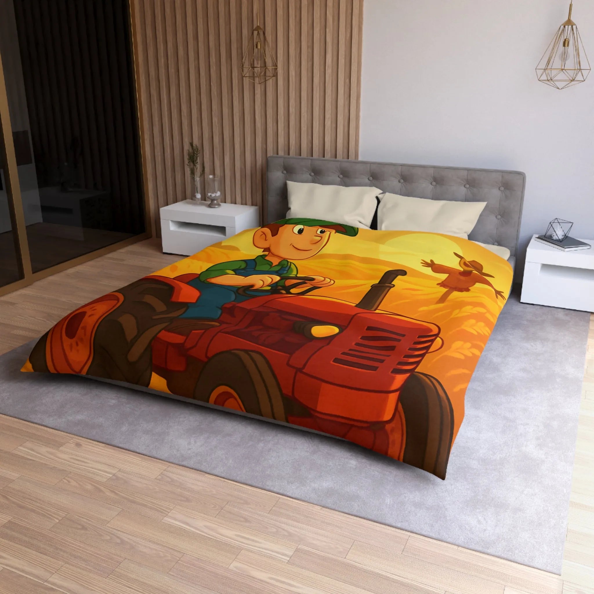 Housse de couette avec motif champêtre : tracteur, épouvantail et champ sous soleil couchant