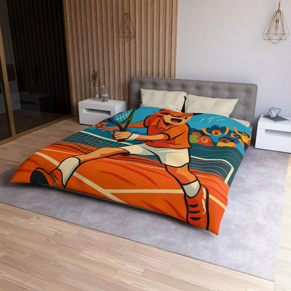 Dessin Animé Joueur de Tennis Dynamique en Action sur Court avec Public Enthousiaste