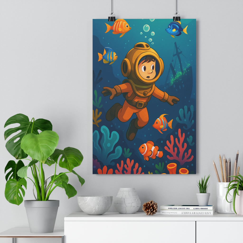 Poster décoratif enfant aventure sousmarine bleu orange joyeux chambre scaphandre exploration vibrant artistique qualité