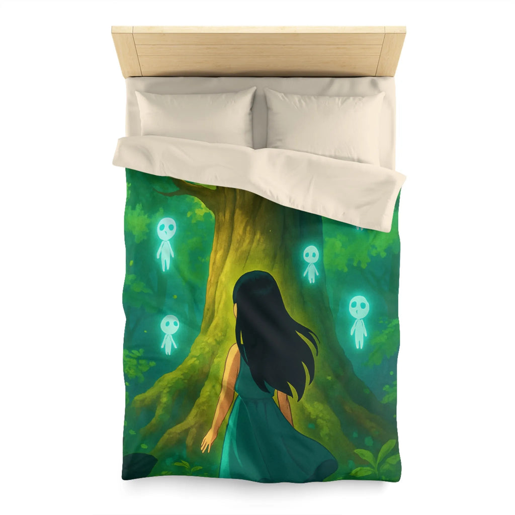 Housse de couette forêt mystique avec fille et esprits lumineux style onirique enchanteur