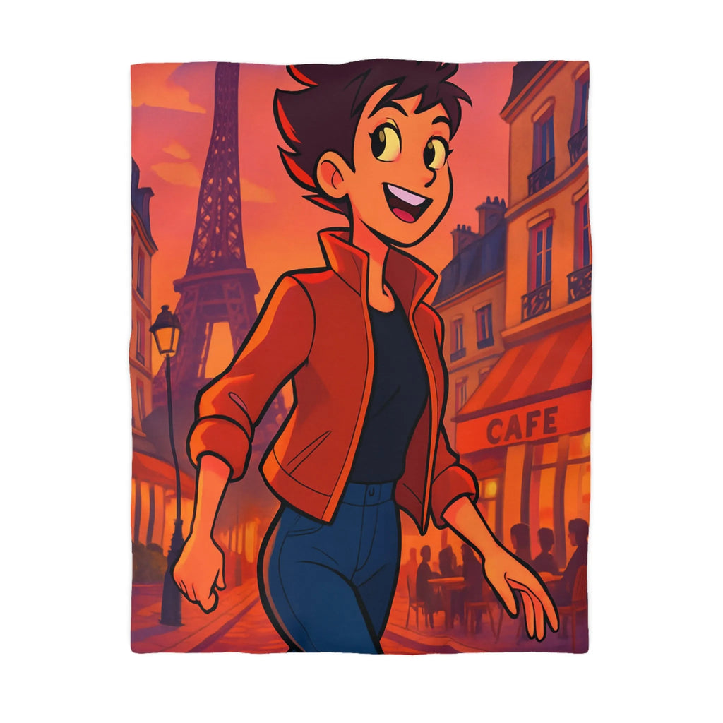 Housse de couette colorée avec illustration parisienne animée d'une silhouette joyeuse