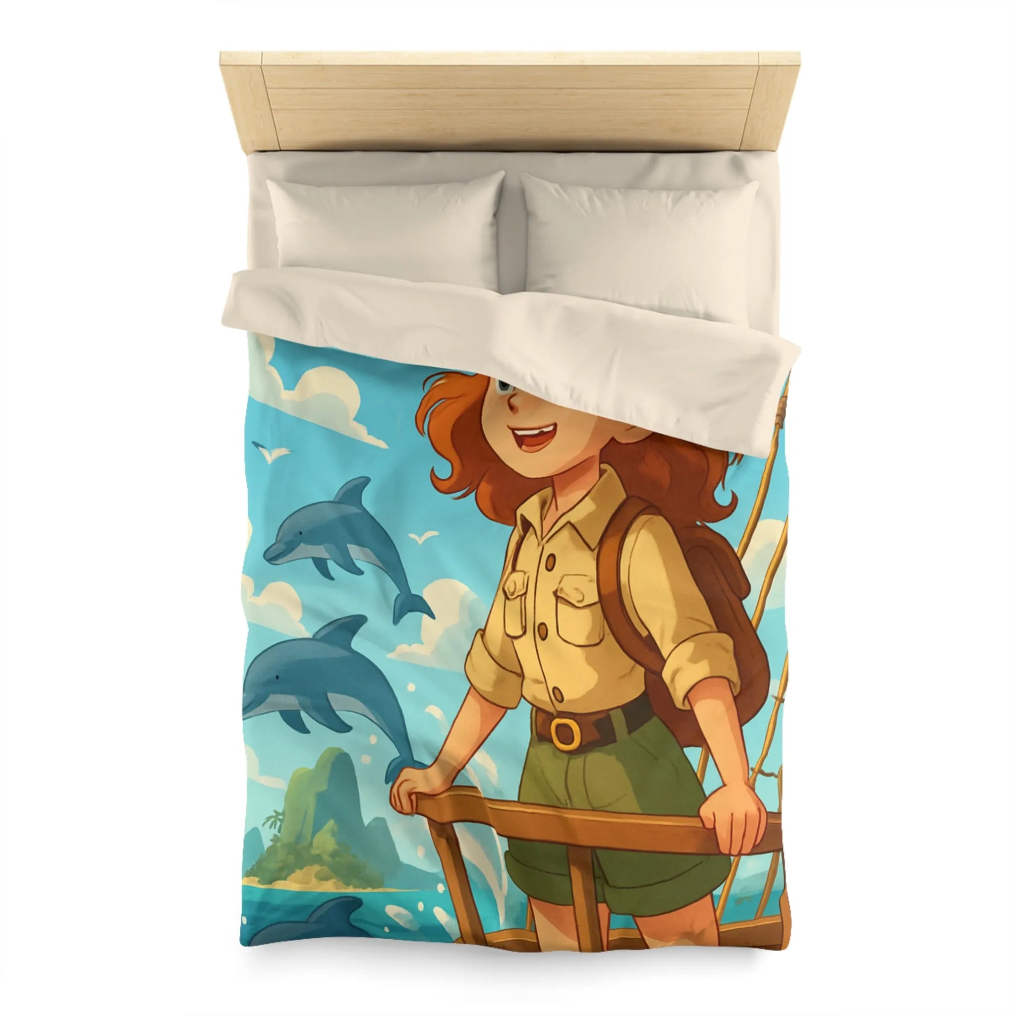 Housse de couette aventure nautique enfantine avec dauphins, voile et exploration marine animée