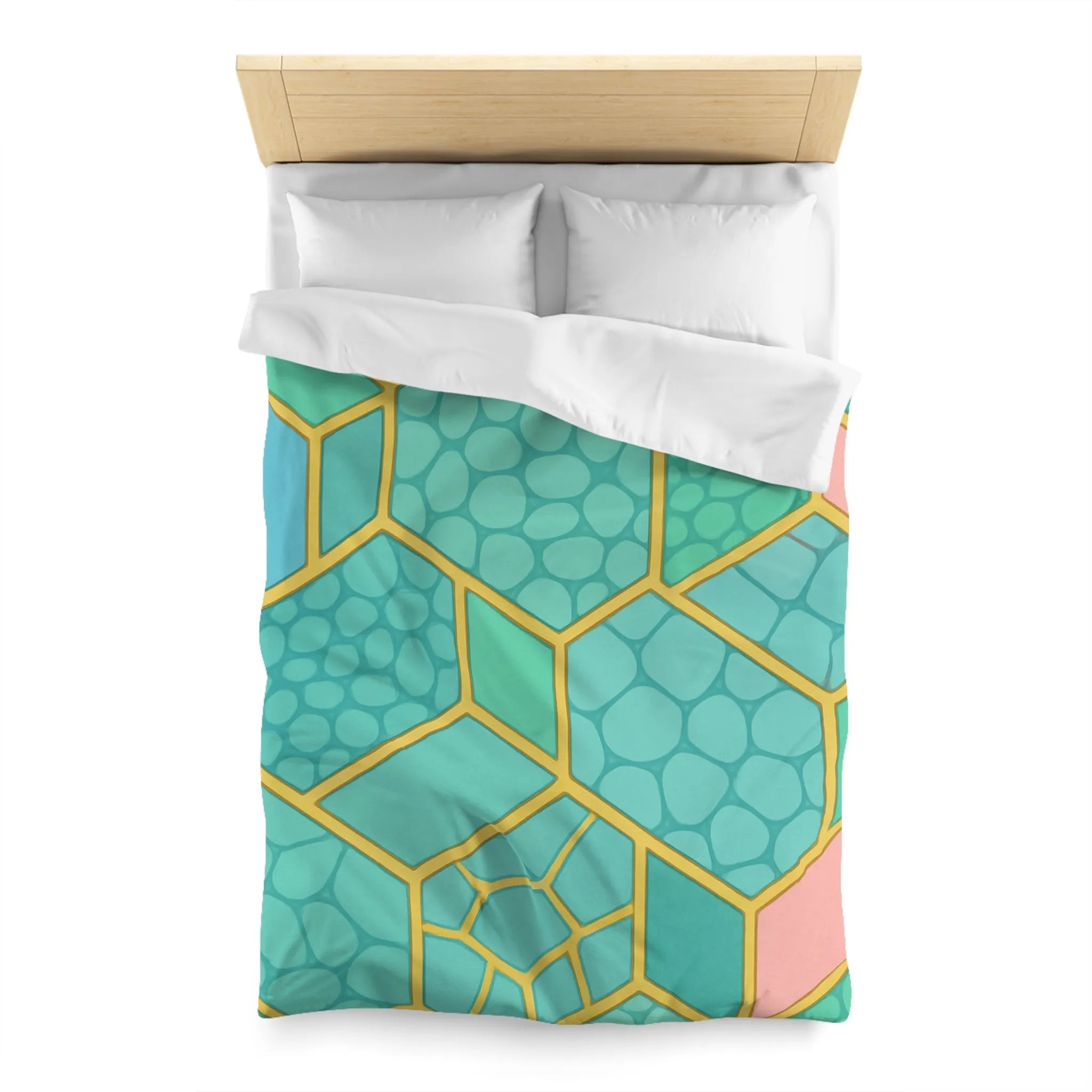 Housse de couette hexagonale pastel avec motifs géométriques et texture miel moderne