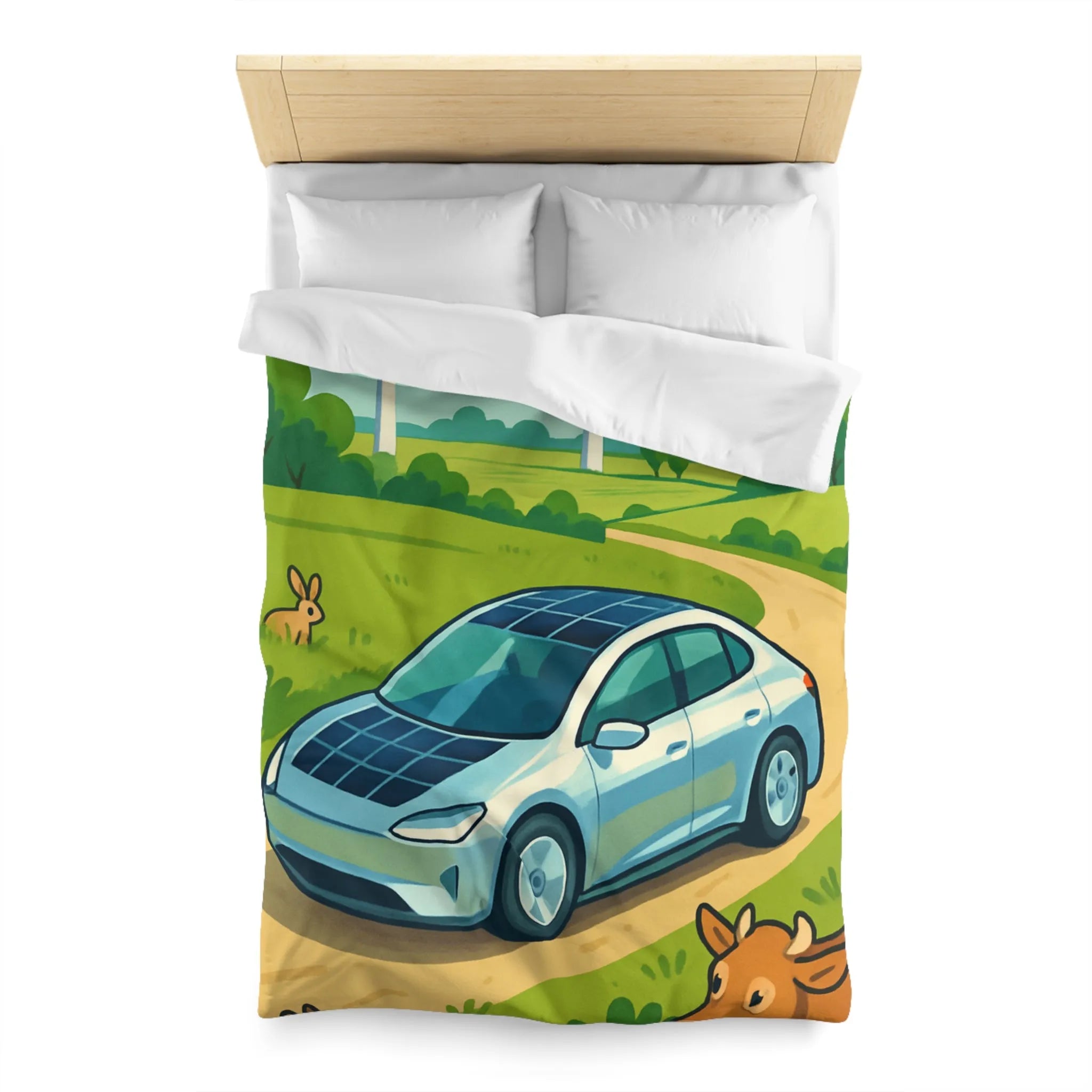 Housse de couette écologique avec voiture solaire, éoliennes et animaux dans la nature