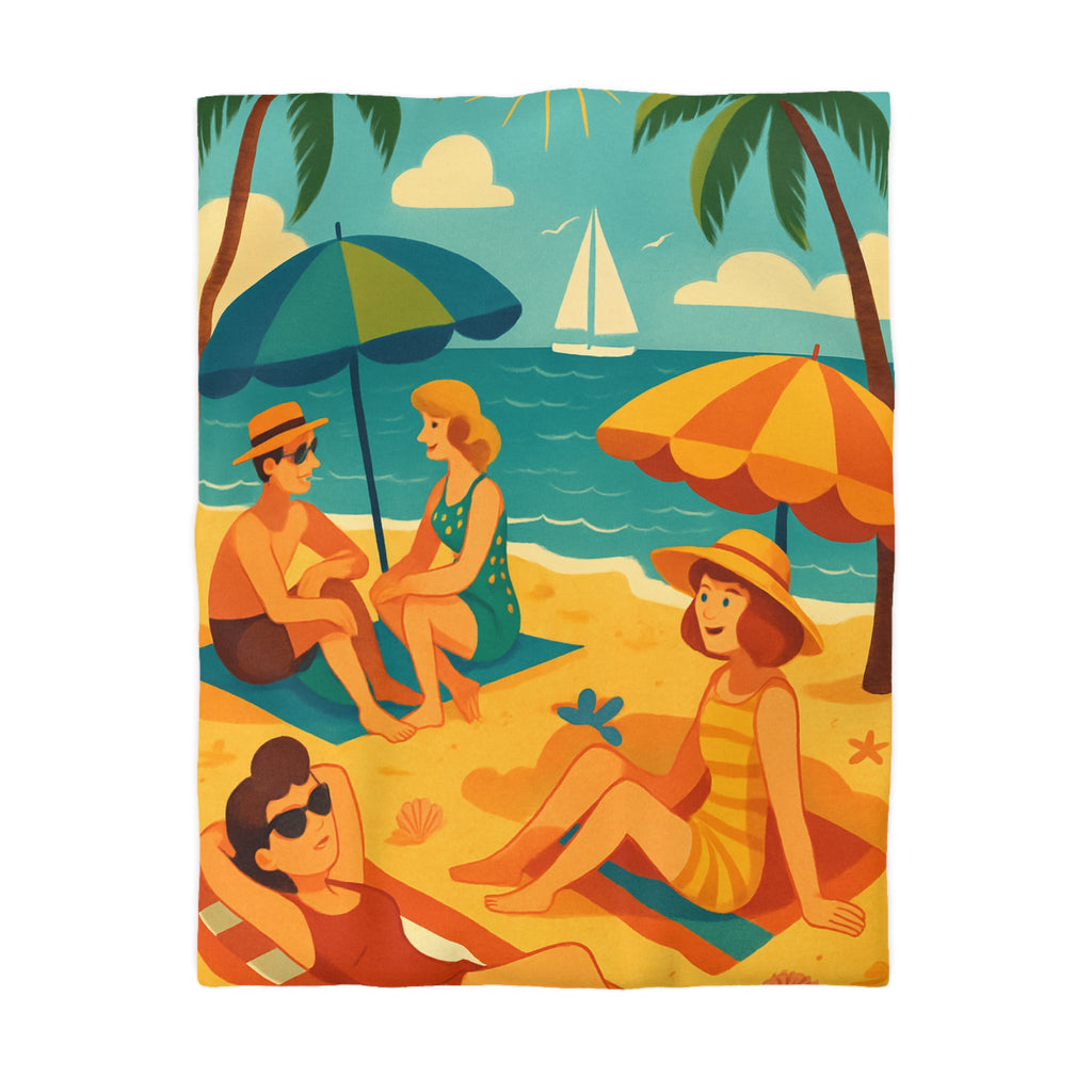 Housse de couette rétro plage colorée avec palmiers, parasols et amis au soleil