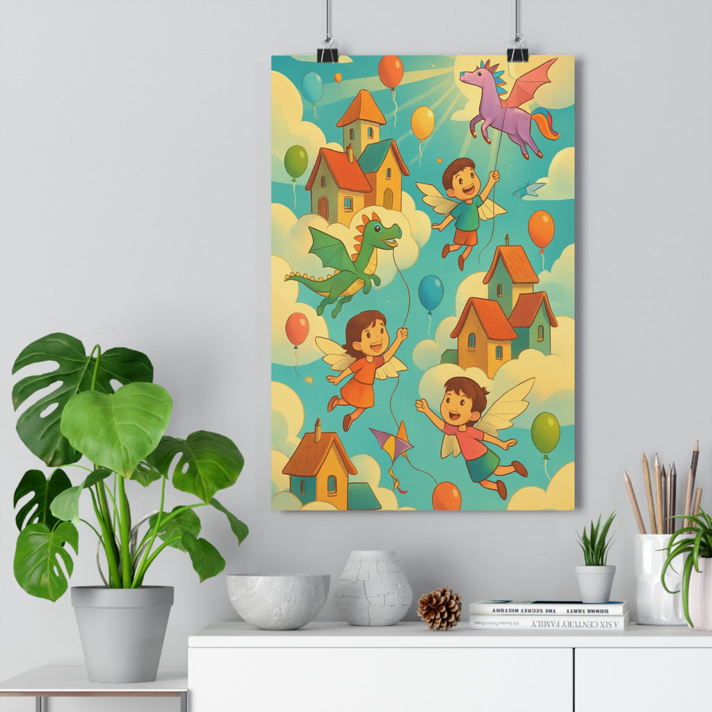 Poster décoratif enfant cartoon ciel bleu pastel joyeux magique chambre aventure créature nuage coloré