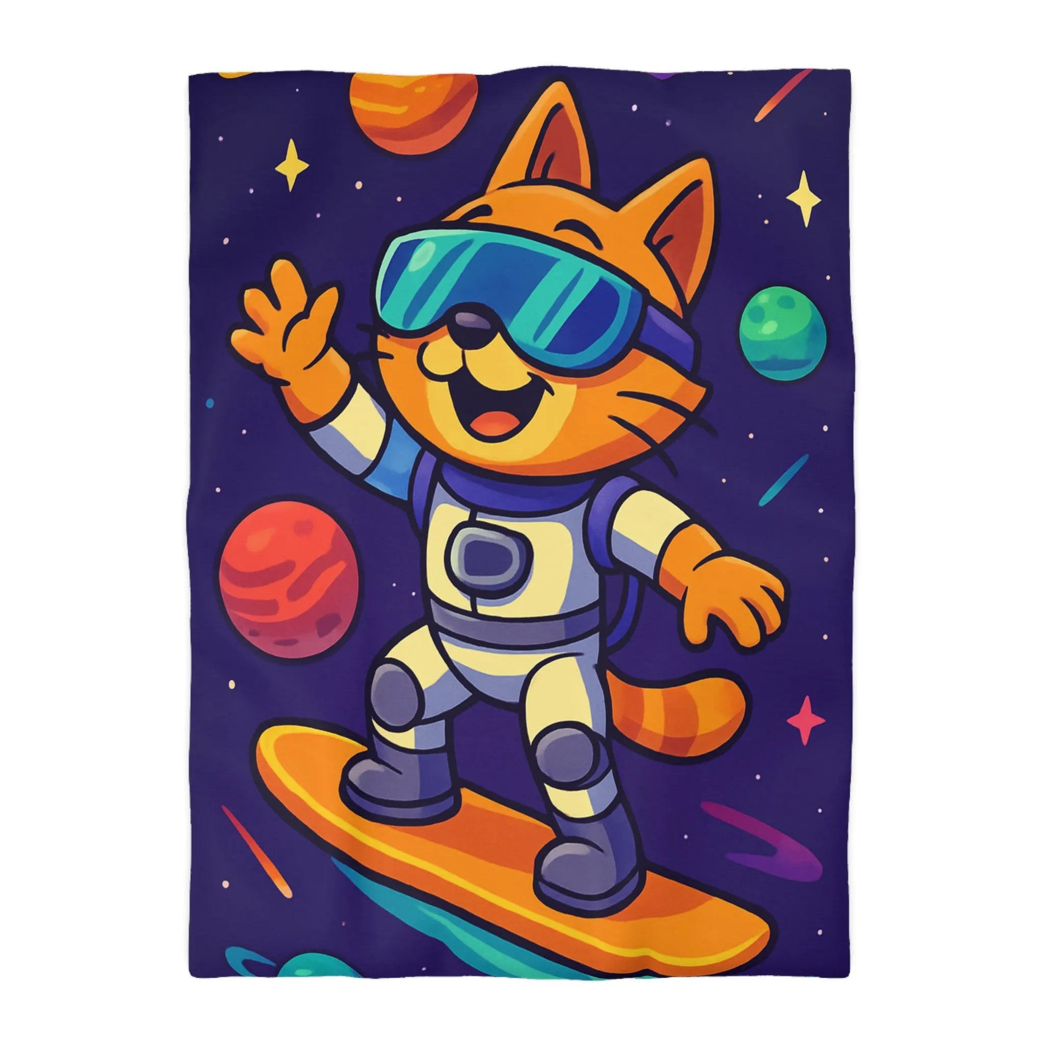 Fantaisie féline spatiale : chat en combinaison surfe sur l'univers étoilé coloré