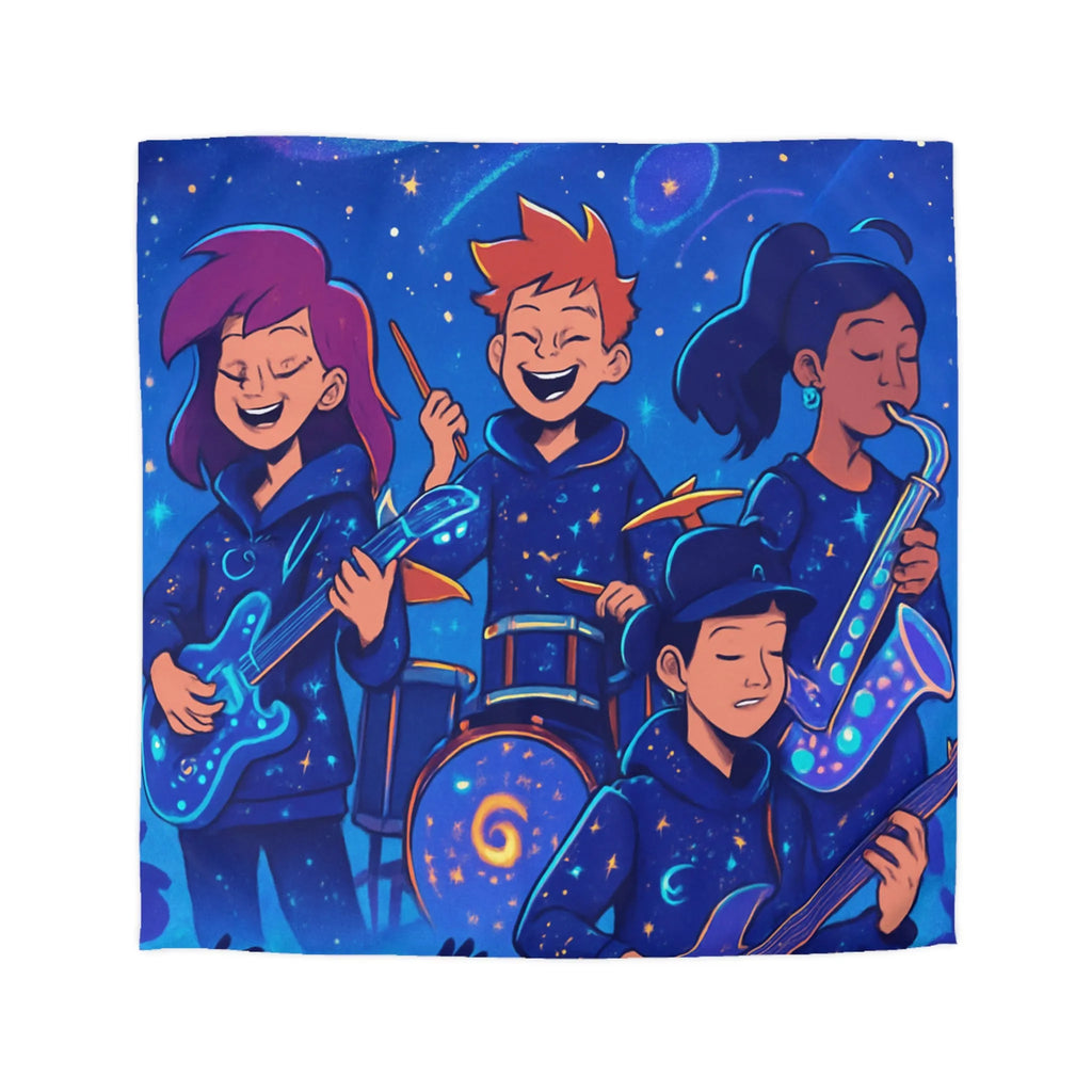 Housse de couette cosmos animée avec jeunes musiciens et instruments lumineux