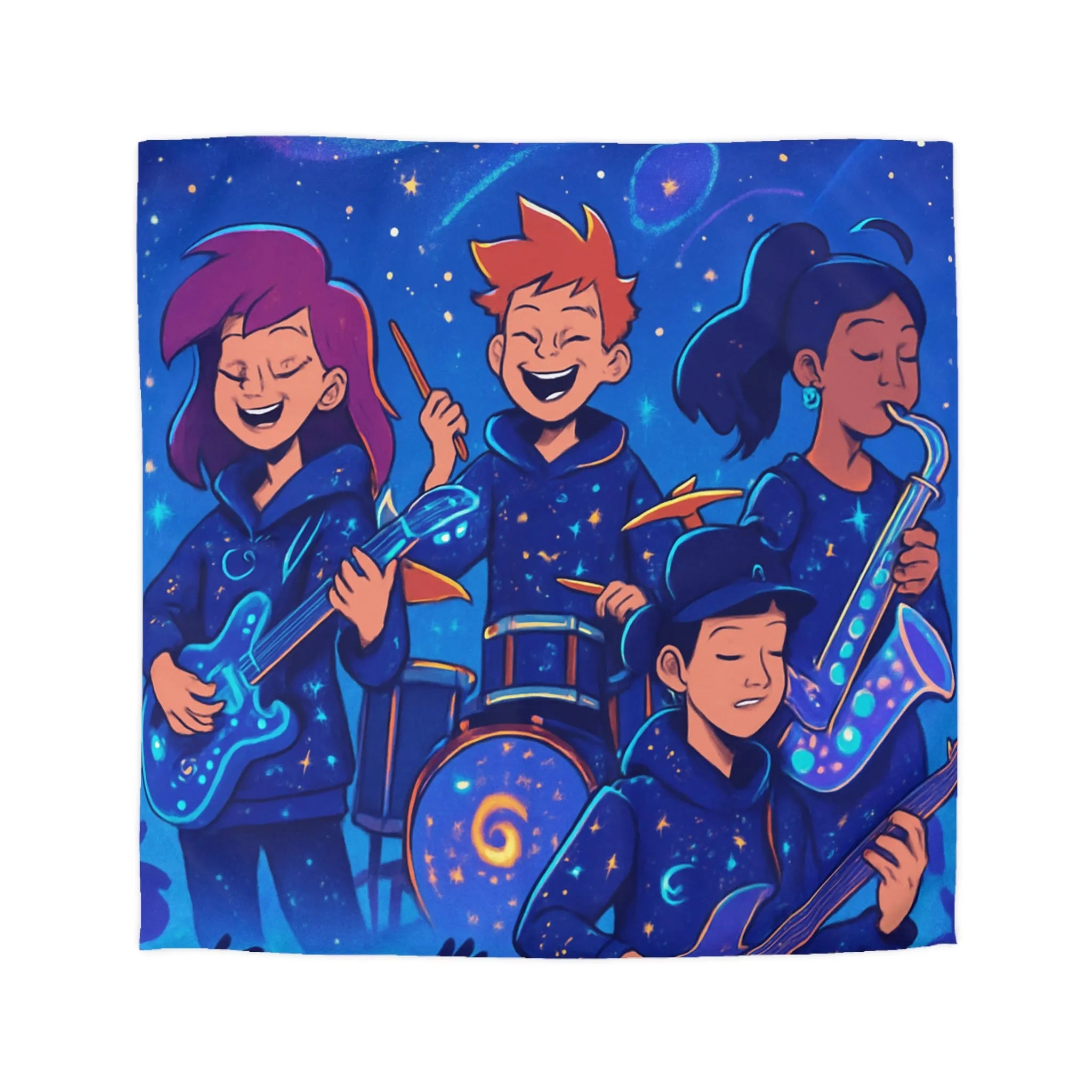 Housse de couette cosmos animée avec jeunes musiciens et instruments lumineux