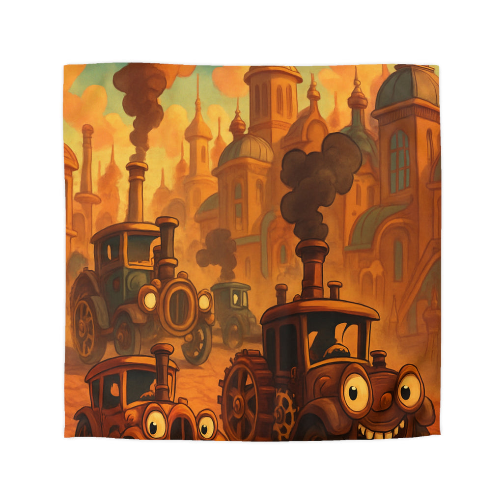 Housse de couette vintage joyeuse avec voitures souriantes et architecture cuivrée