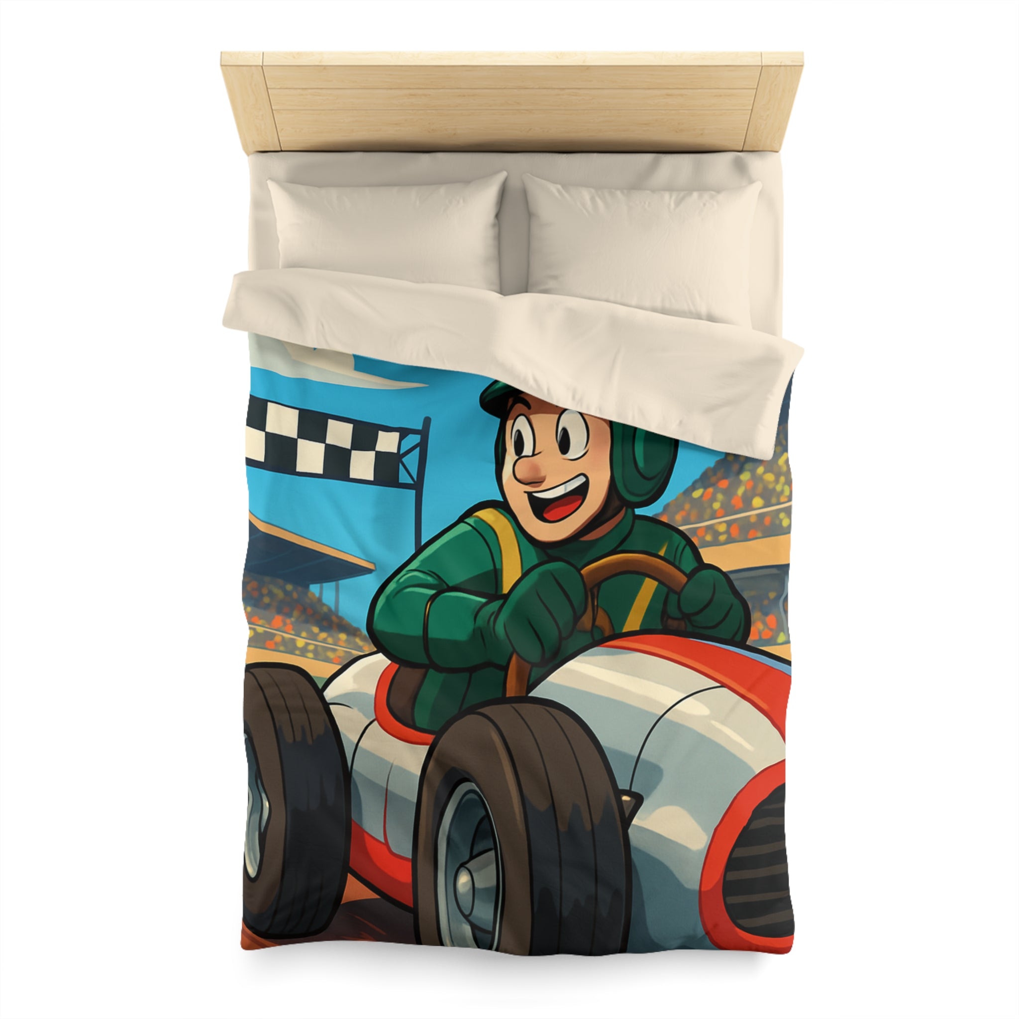 Housse de couette voiture de course pour enfants avec pilote souriant et piste