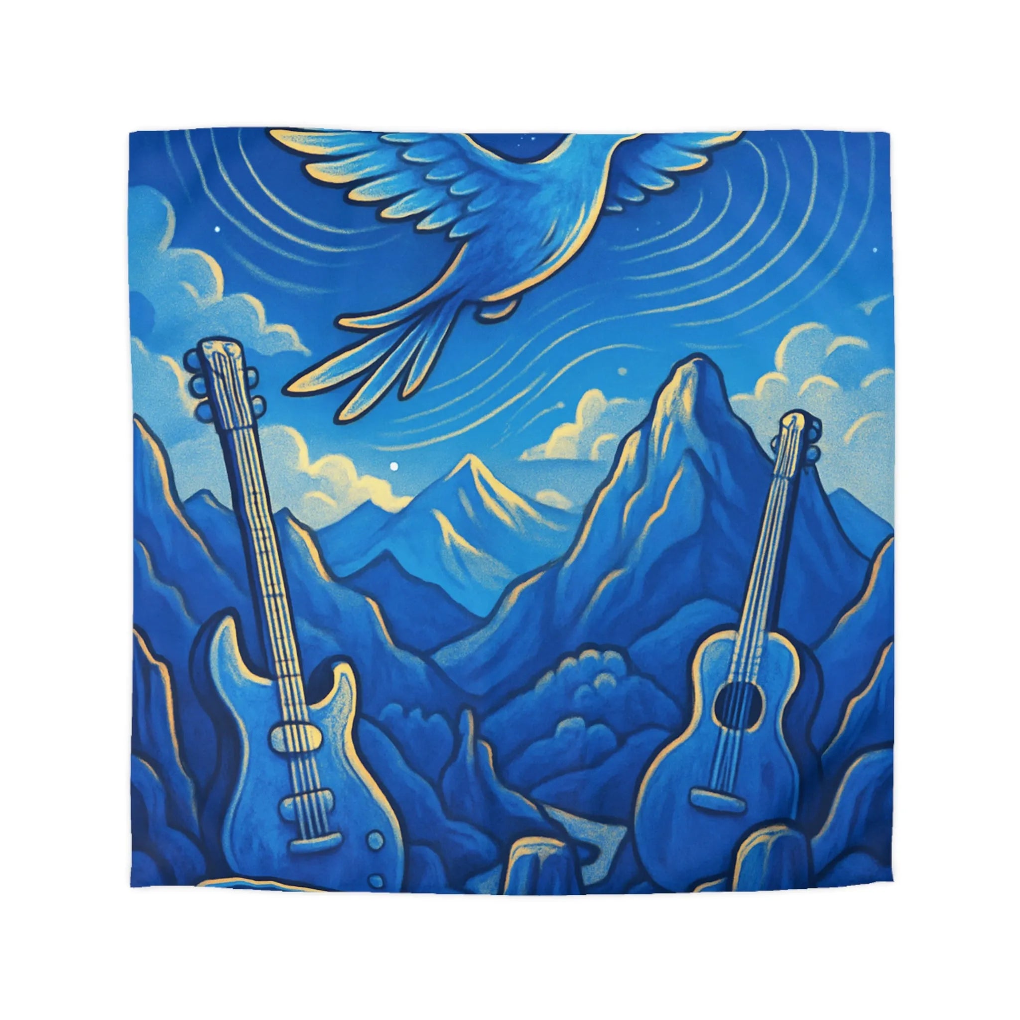 Housse de couette mélodieuse avec oiseau bleu et instruments de musique en montagne
