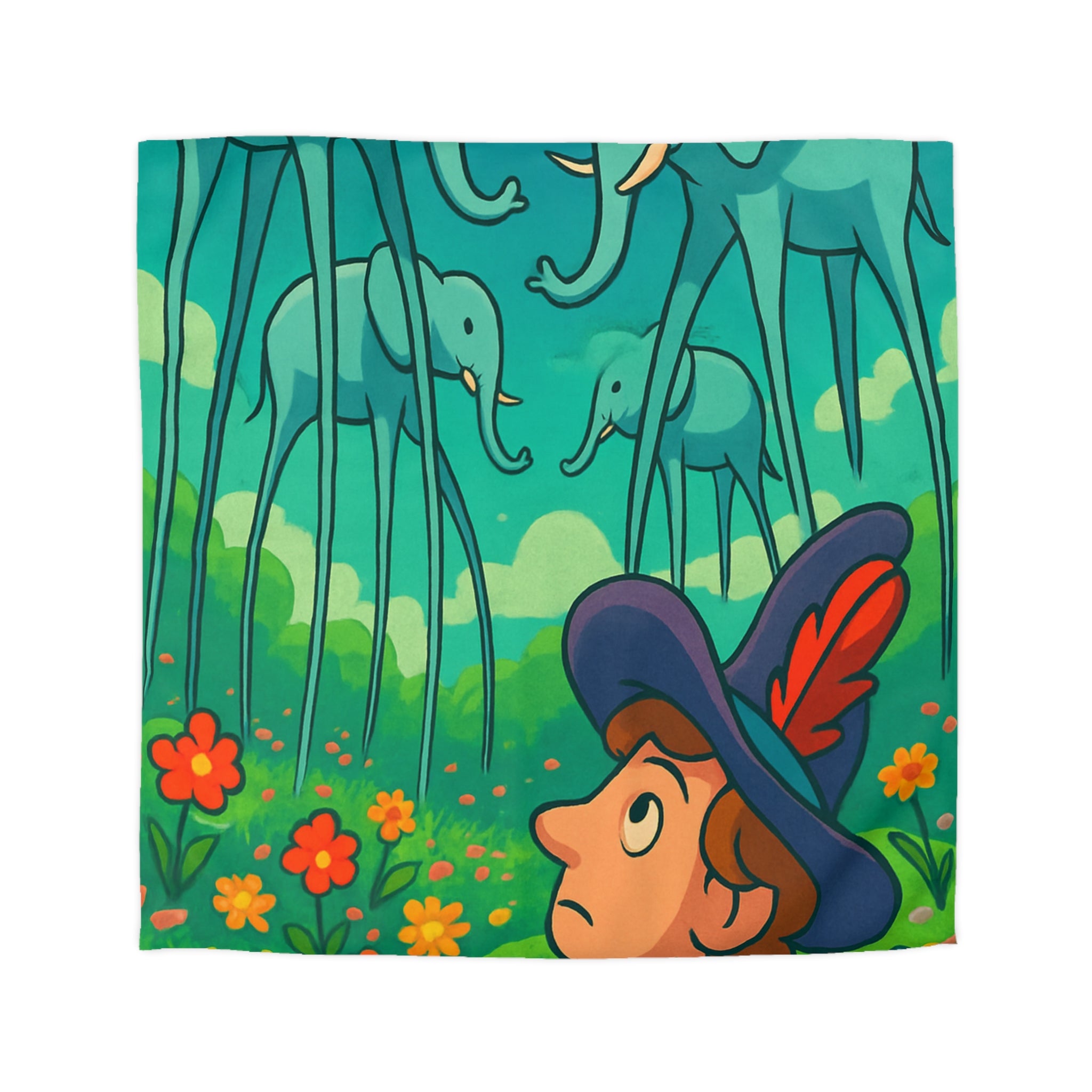 Housse de couette thème surréaliste éléphants géants couleur vive pour chambre artistique