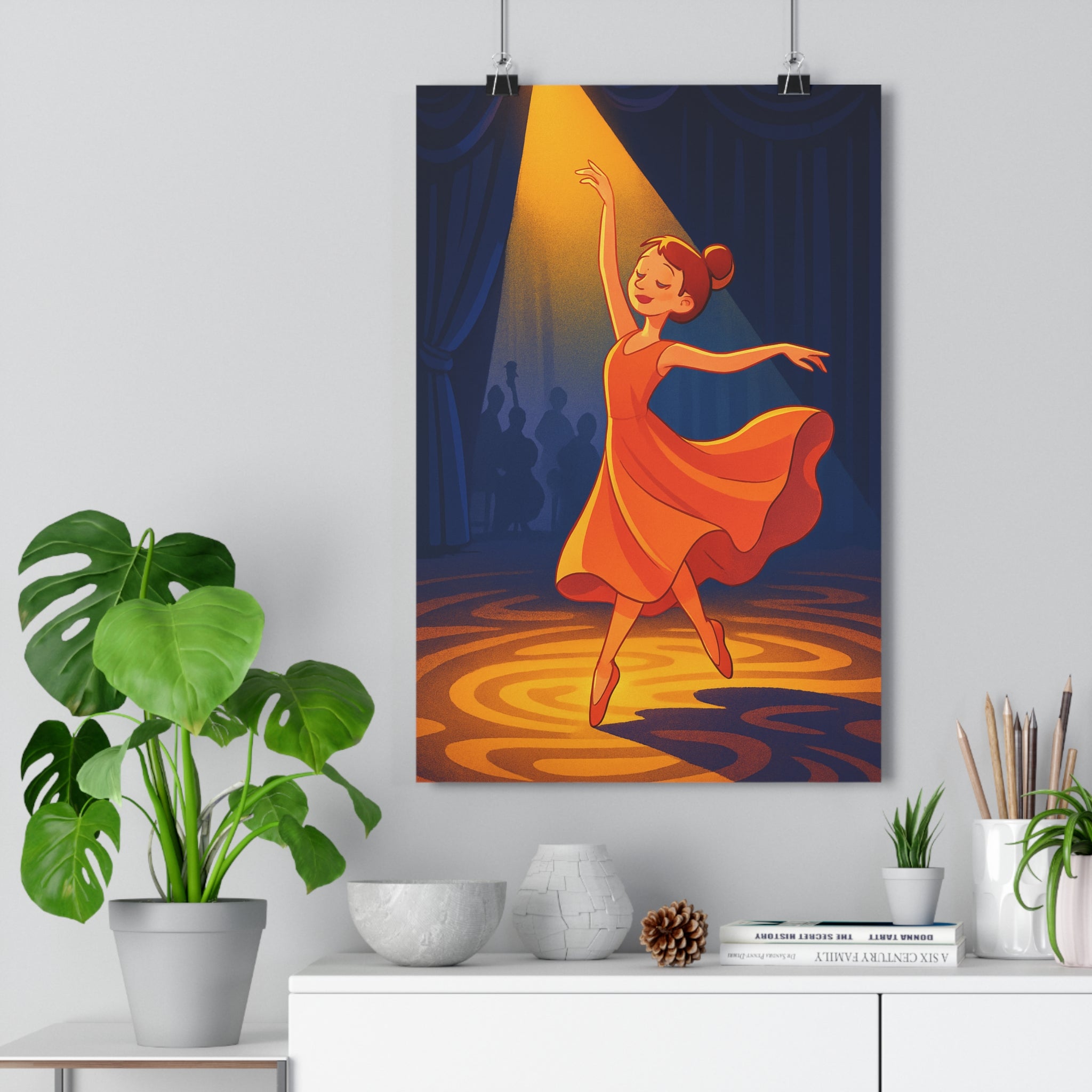 Poster décoratif danseuse lumière dorée scène rétro art déco salon élégant atmosphère sophistiquée qualité