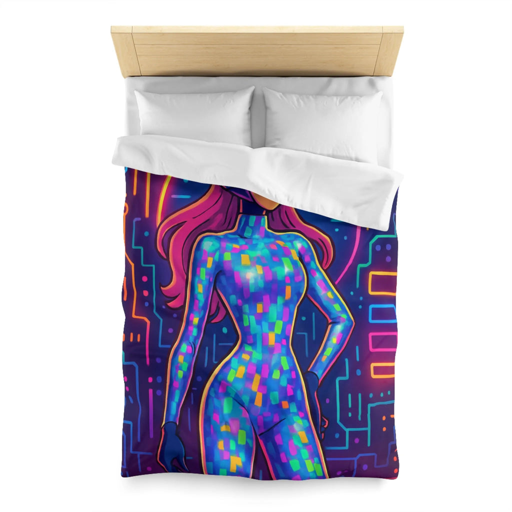 Housse de couette futuriste néon avec motif de femme cyborg colorée et lumineuse