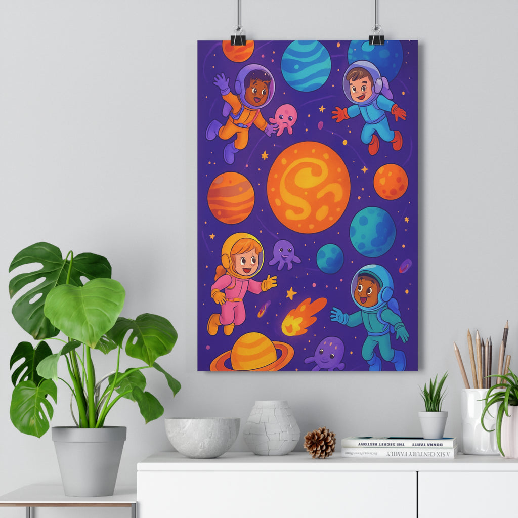 Poster décoratif coloré enfants système solaire chambre aventure cartoon bleu orange violet joyeux flottant