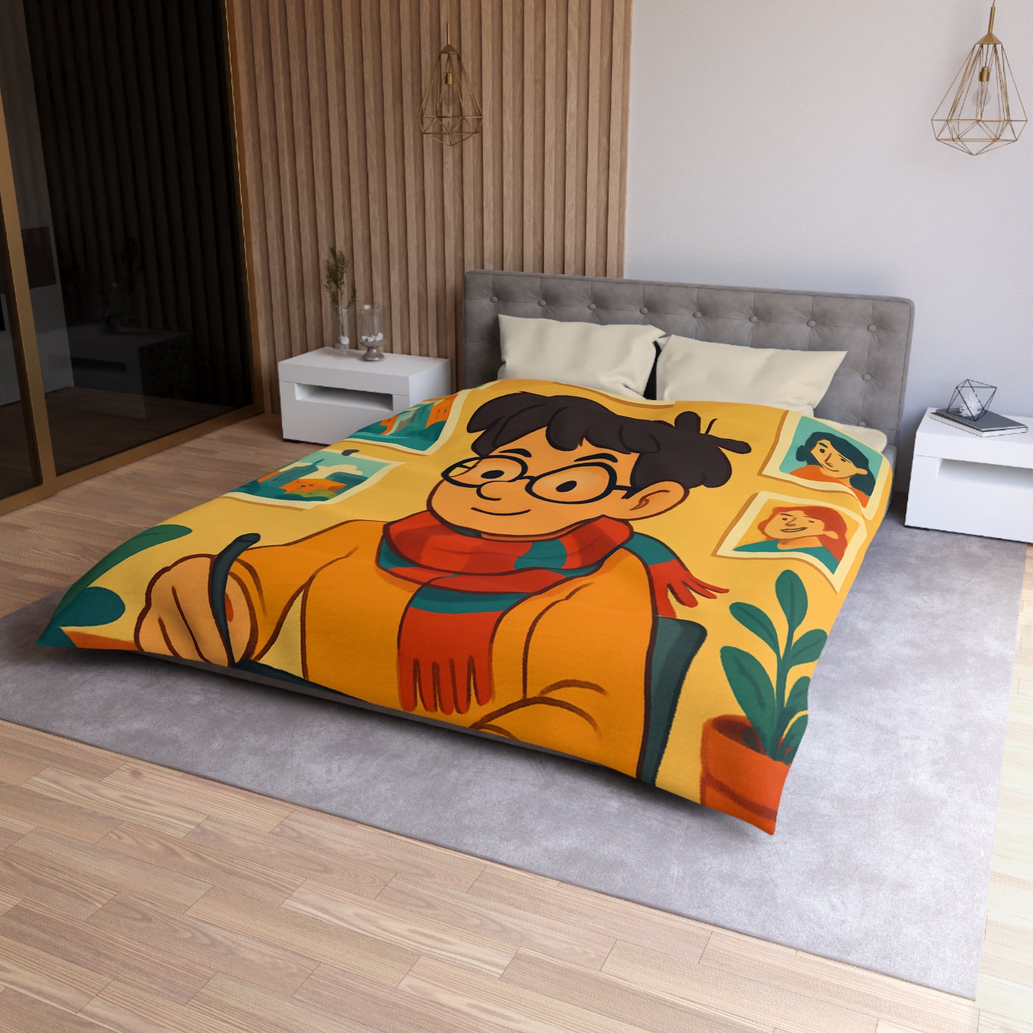 Housse de couette moderne avec illustrations colorées d'artiste travaillant dans un studio créatif