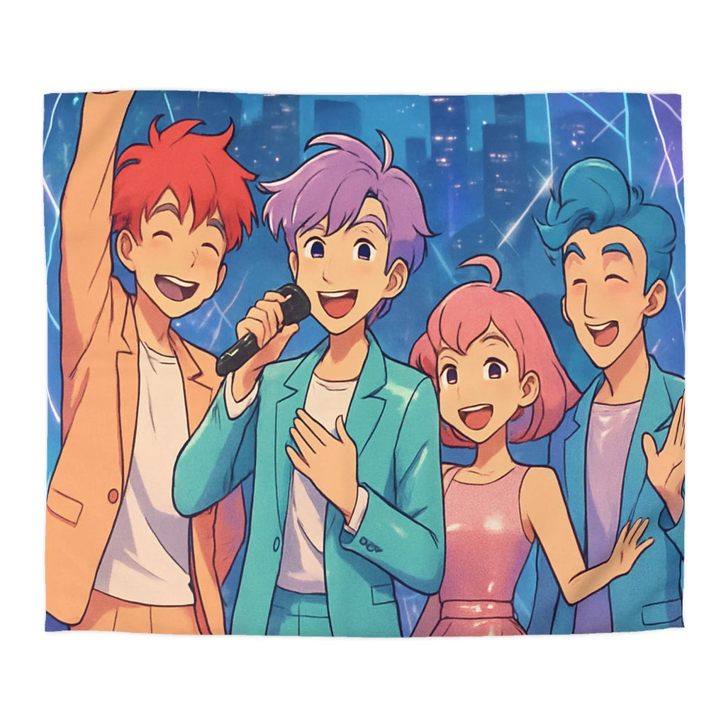 Housse de couette colorée avec personnages joyeux style anime devant une ville étoilée